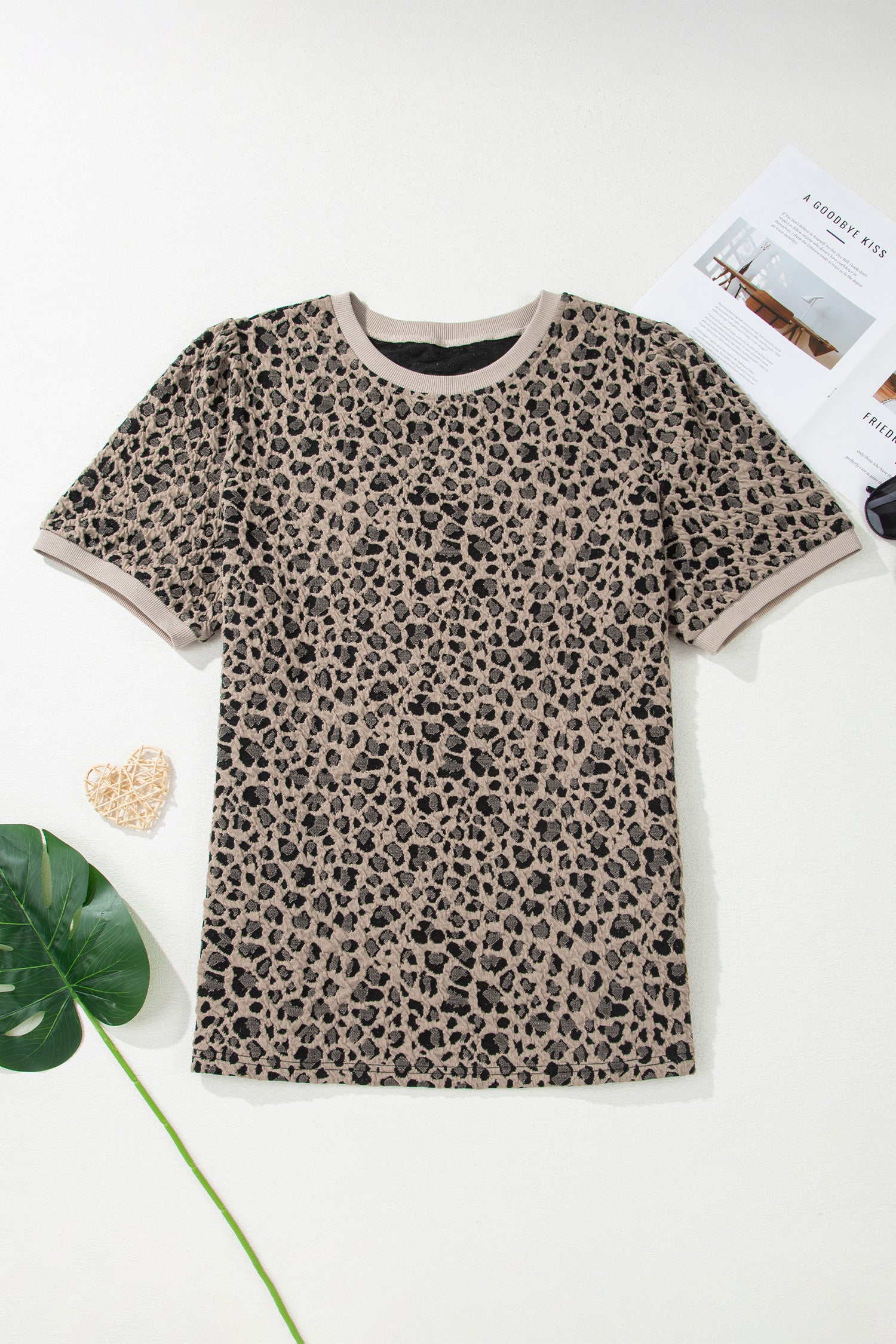 Khaki Leopard Print Textured Plus Size T Shirt-Plus Size/Plus Size Tops/Plus Size Tops & Tees-[Adult]-[Female]-2022 Online Blue Zone Planet
