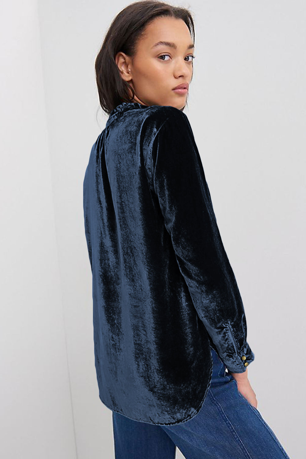 Burgundy Frilled Neck Buttoned Front Velvet Top-Tops/Blouses & Shirts-[Adult]-[Female]-2022 Online Blue Zone Planet
