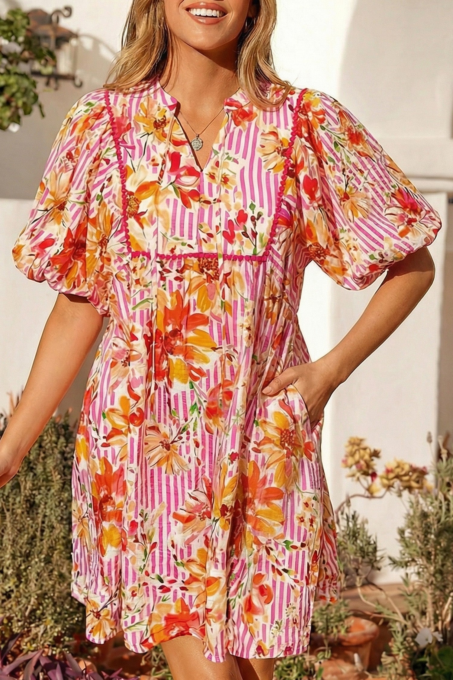 Pink Striped Floral Print Tie Neck Puff Sleeve Loose Mini Dress-TOPS / DRESSES-[Adult]-[Female]-2022 Online Blue Zone Planet