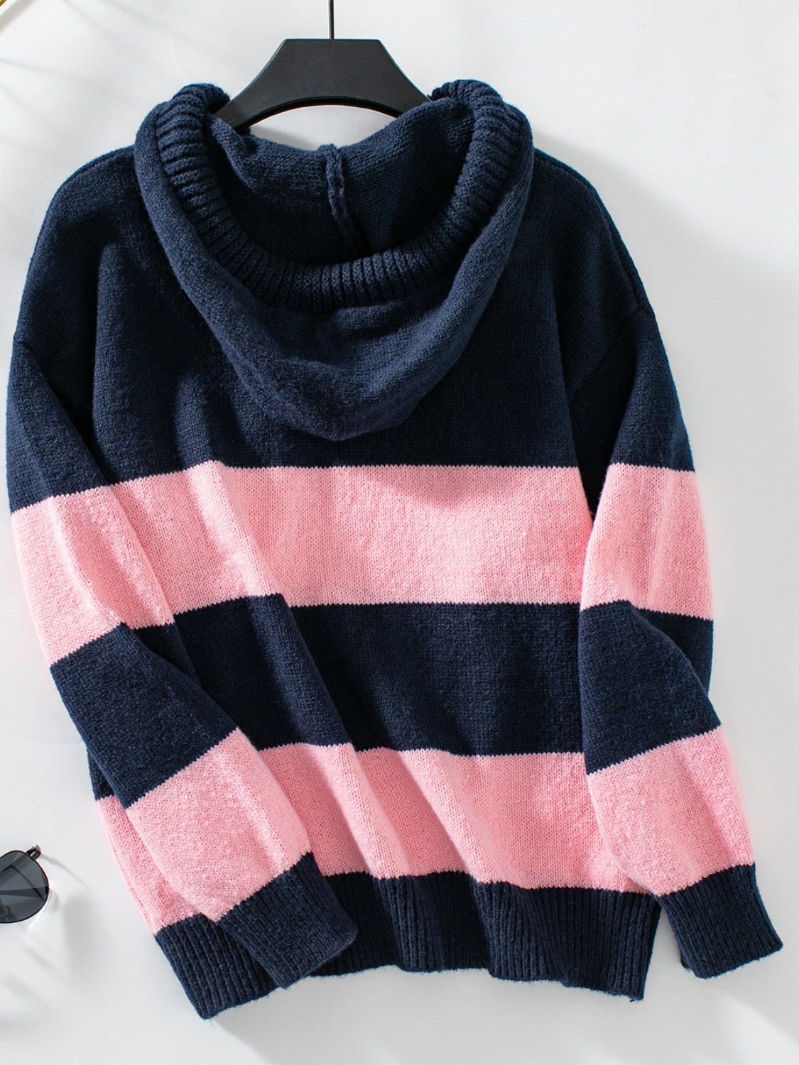 Drawstring Contrast Stripe Dropped Shoulder Hooded Sweater-TOPS / DRESSES-[Adult]-[Female]-2022 Online Blue Zone Planet