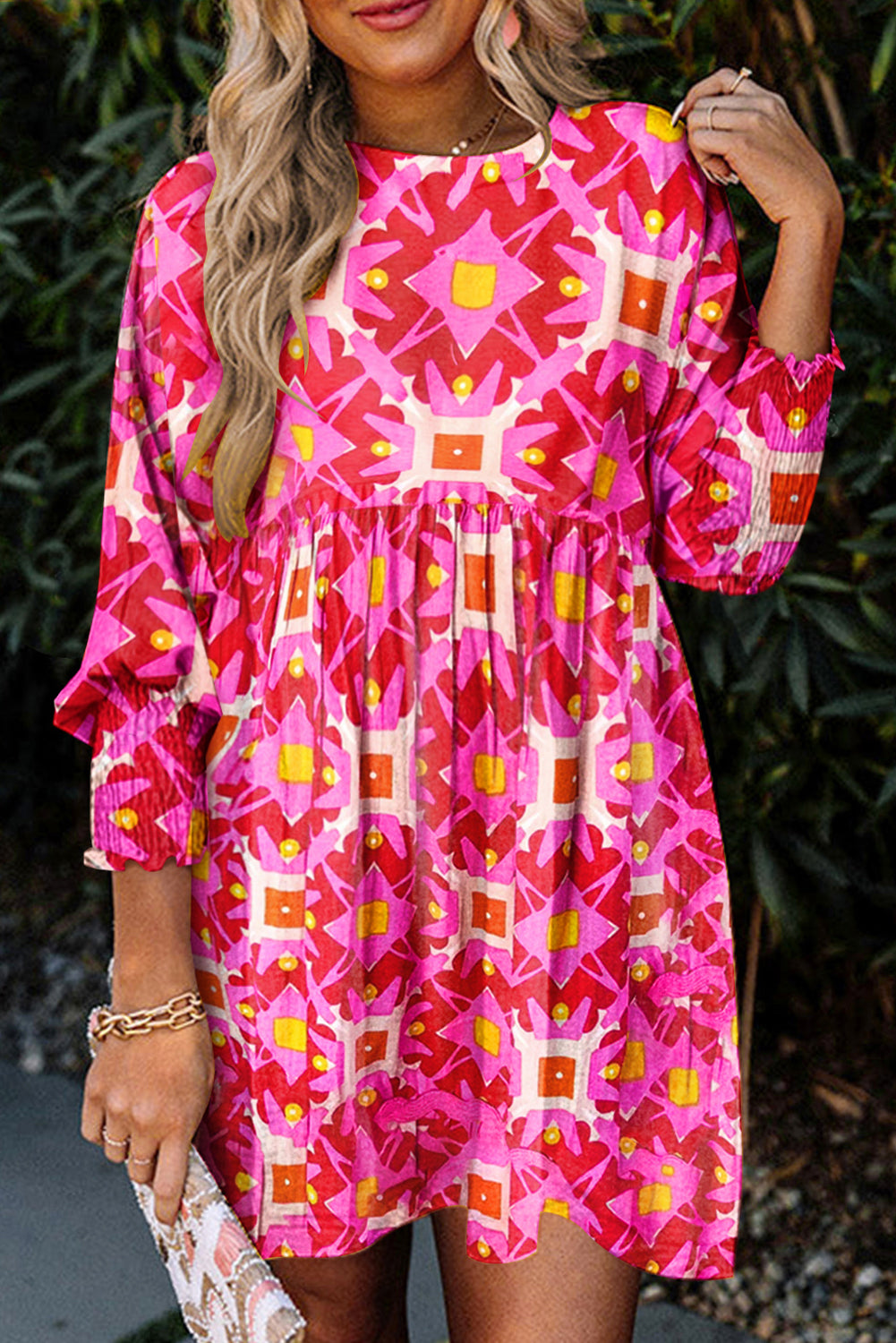 Strawberry Pink Geometric Print Smocked Long Sleeve Mini Dress-Dresses/Mini Dresses-[Adult]-[Female]-Strawberry Pink-S-2022 Online Blue Zone Planet