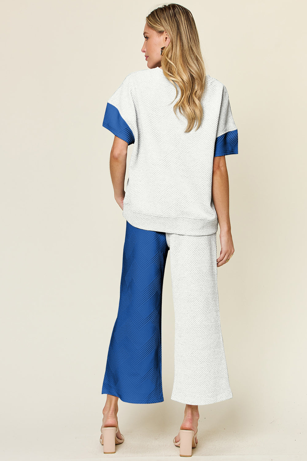 Blue Zone Planet | Double Take Full Size Texture Contrast T-Shirt and Wide Leg Pants Set-TOPS / DRESSES-[Adult]-[Female]-2022 Online Blue Zone Planet