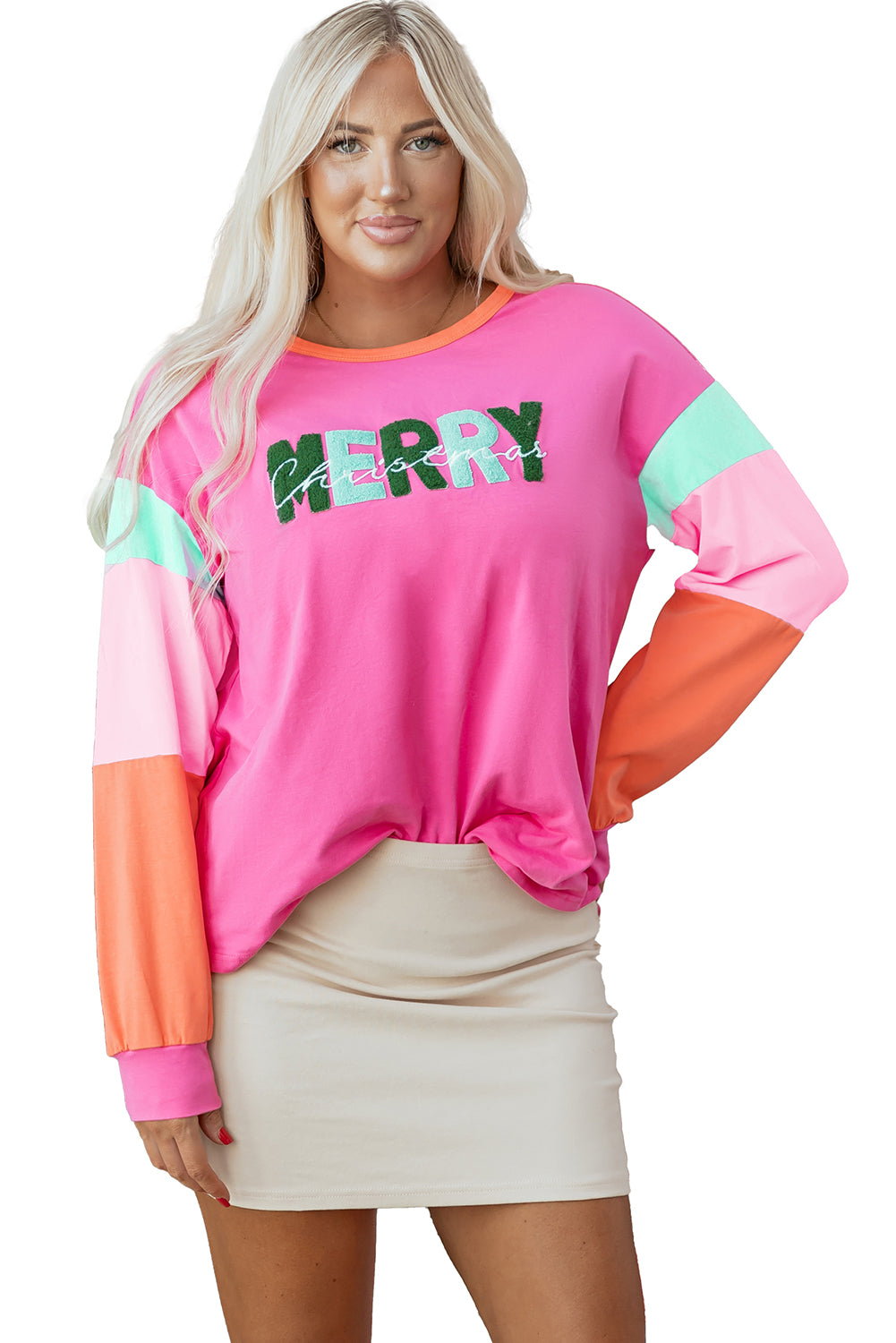 Blue Zone Planet | Rose Red Chenille MERRY Christmas Patched Colorblock Long Sleeve Top-Graphic/Graphic Long Sleeve Tees-[Adult]-[Female]-2022 Online Blue Zone Planet