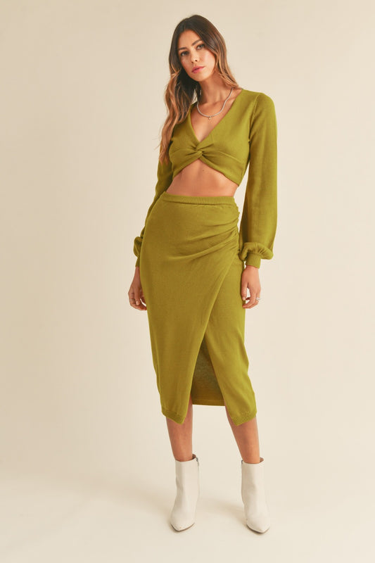 MABLE Front Twisted Knit Top and Midi Skirt Set-TOPS / DRESSES-[Adult]-[Female]-Moss Green-S-2022 Online Blue Zone Planet