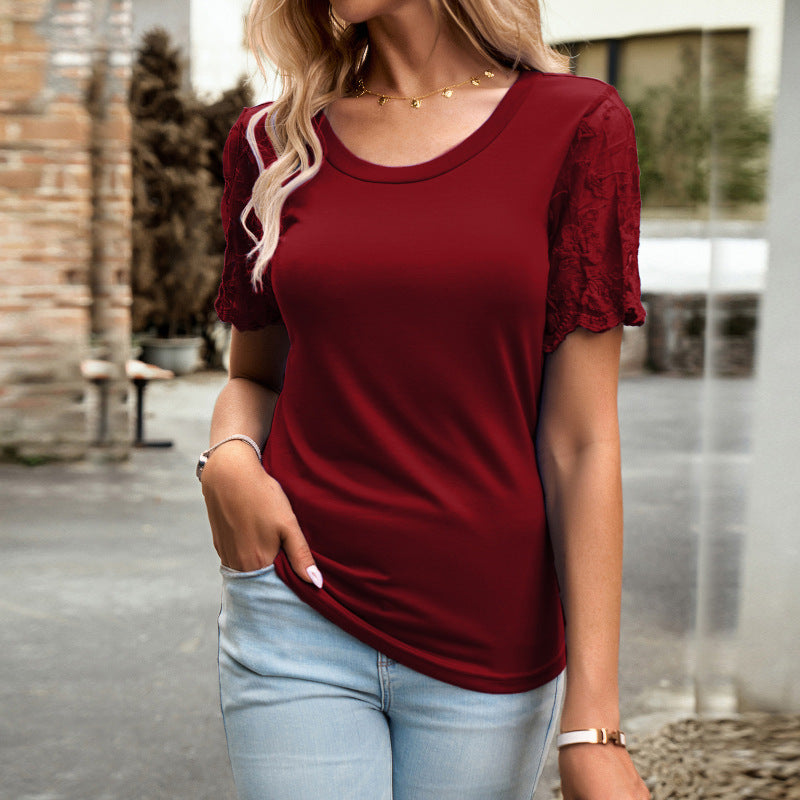 New casual lace short-sleeved T-shirt-[Adult]-[Female]-Wine Red-S-2022 Online Blue Zone Planet