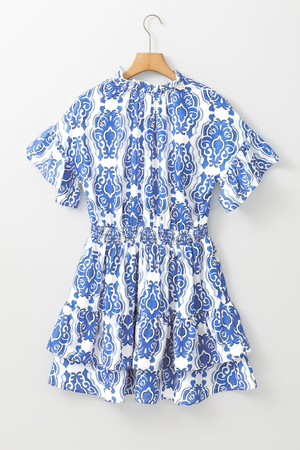 Printed Tie Neck Short Sleeve Mini Dress-TOPS / DRESSES-[Adult]-[Female]-2022 Online Blue Zone Planet