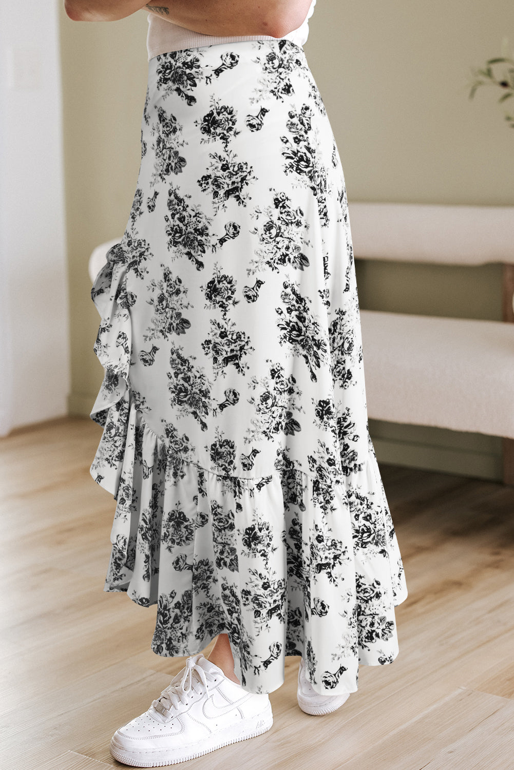 Black Boho Floral High Waist Ruffle Split Maxi Skirt-Bottoms/Skirts & Petticoat-[Adult]-[Female]-2022 Online Blue Zone Planet