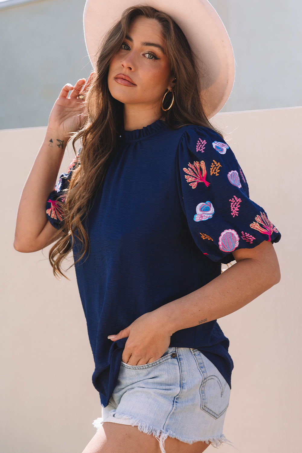 Blue Zone Planet | Sail Blue Shellfish Coral Embroidery Puff Sleeve Frilled Neck Blouse-Tops/Blouses & Shirts-[Adult]-[Female]-2022 Online Blue Zone Planet