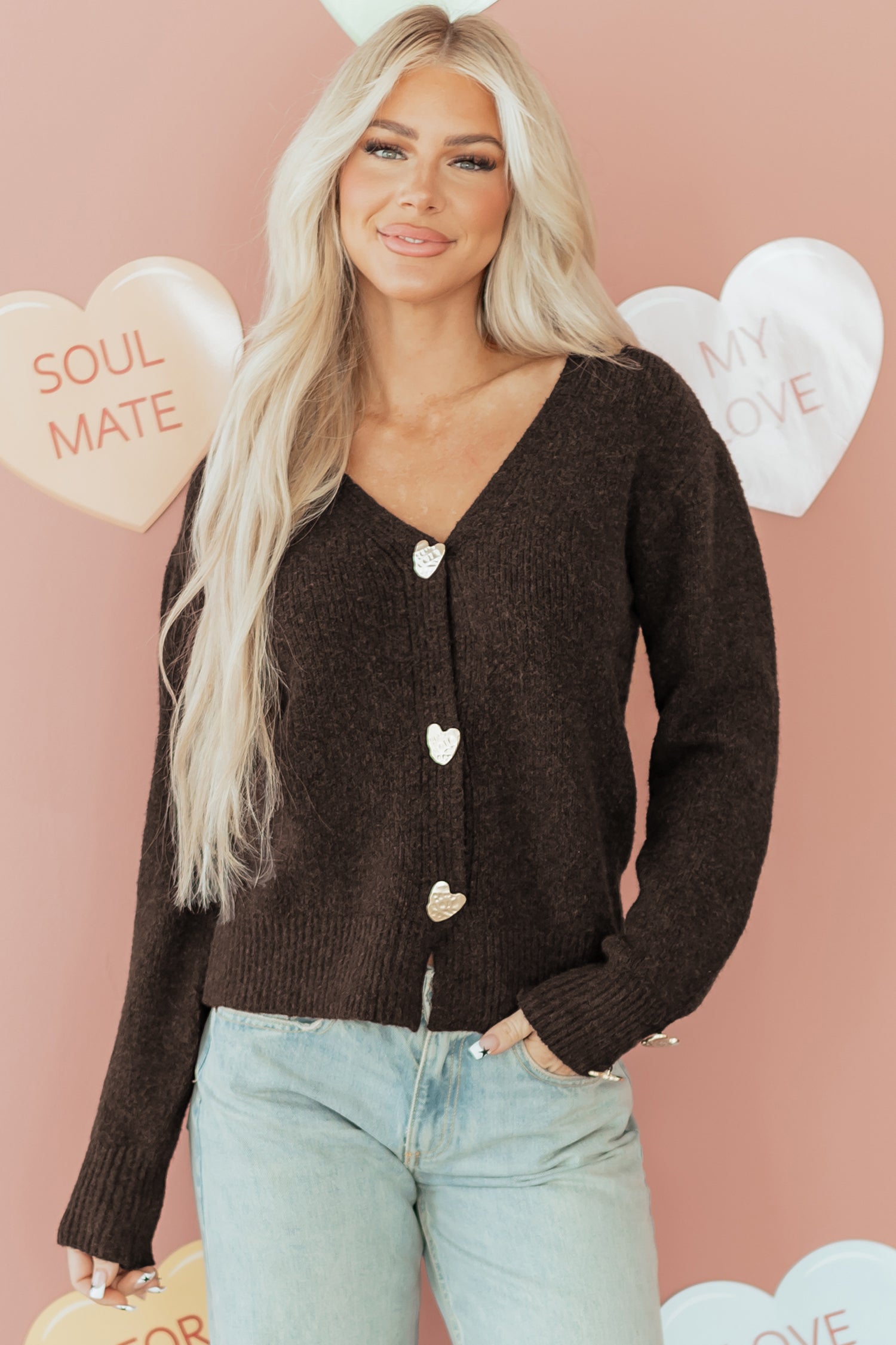 Chicory Coffee Heart Metal Button V Neck Cardigan Sweater-TOPS / DRESSES-[Adult]-[Female]-2022 Online Blue Zone Planet