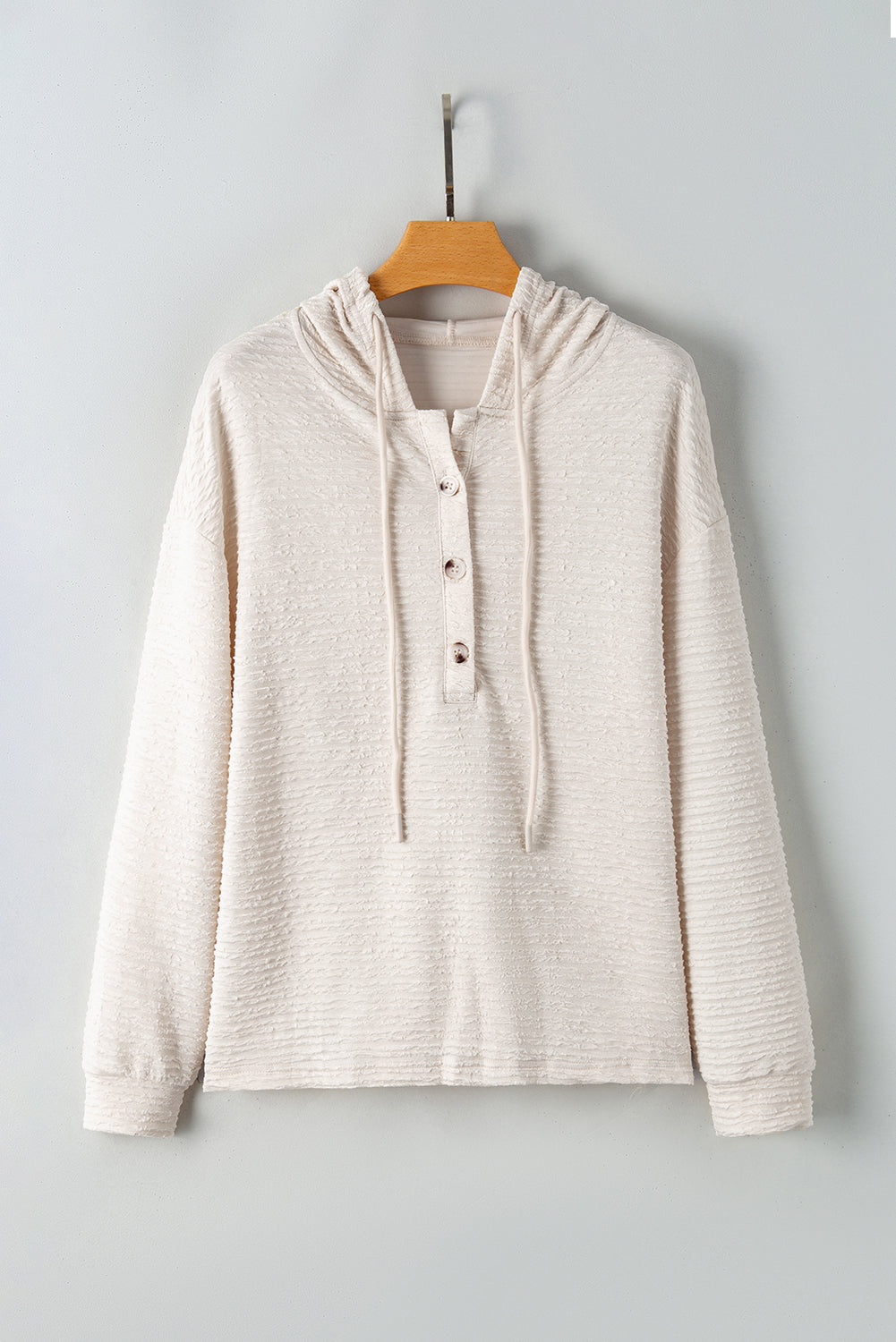 Apricot Solid Textured Drawstring Henley Hoodie-Tops/Sweatshirts & Hoodies-[Adult]-[Female]-2022 Online Blue Zone Planet