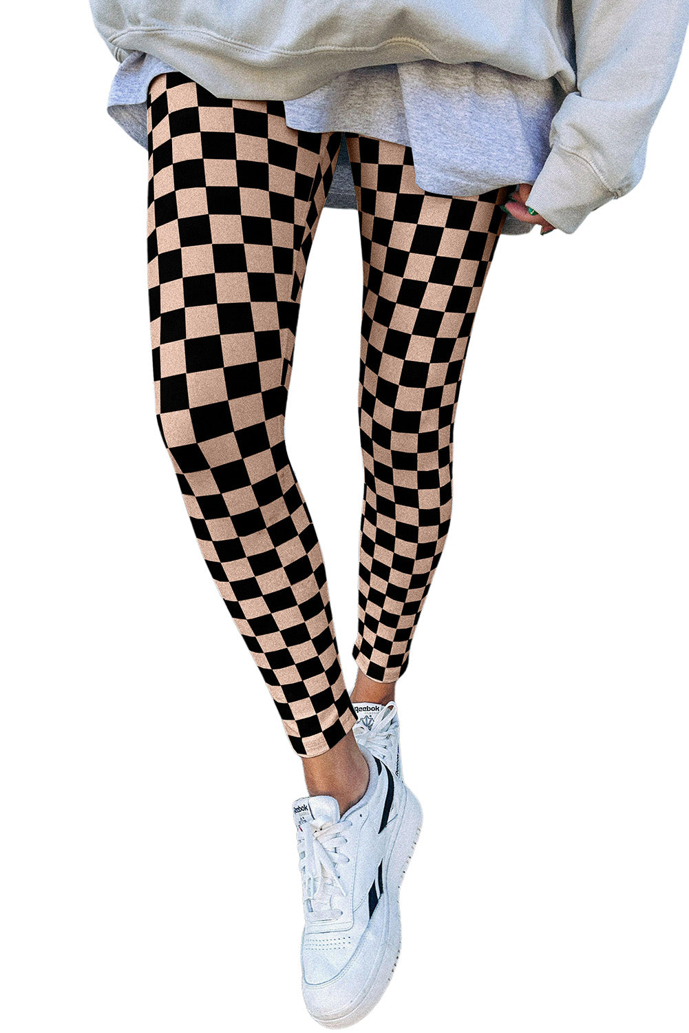 Khaki Checkered Pattern High Waist Skinny Leggings-Leggings-[Adult]-[Female]-2022 Online Blue Zone Planet