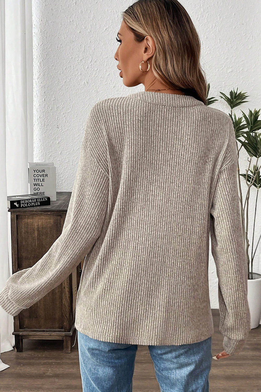 Simply Taupe Plus Size Ribbed Knit Kangaroo Pocket Henley Long Sleeve Top-Plus Size/Plus Size Tops/Plus Size Long Sleeve Tops-[Adult]-[Female]-2022 Online Blue Zone Planet