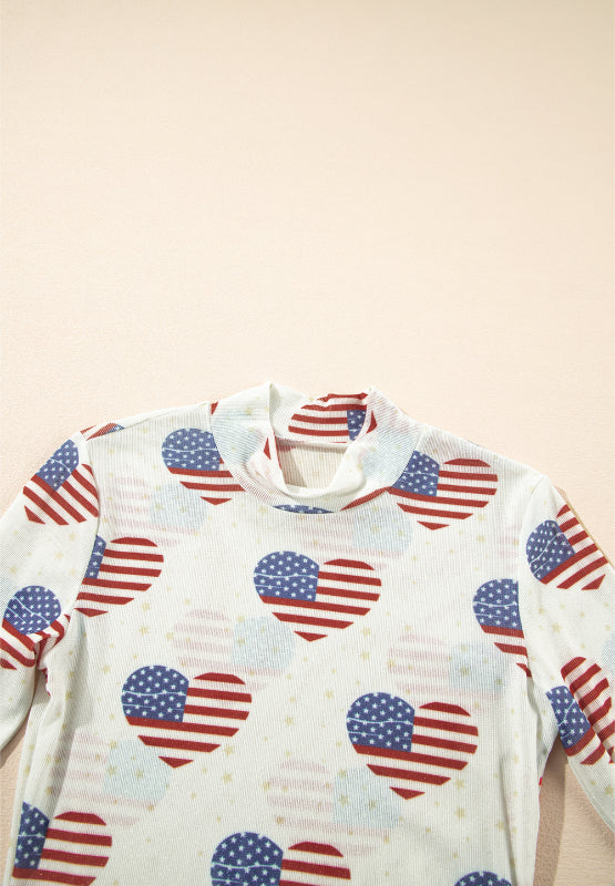 US Flag Heart Mock Neck Long Sleeve Bodysuit-TOPS / DRESSES-[Adult]-[Female]-2022 Online Blue Zone Planet