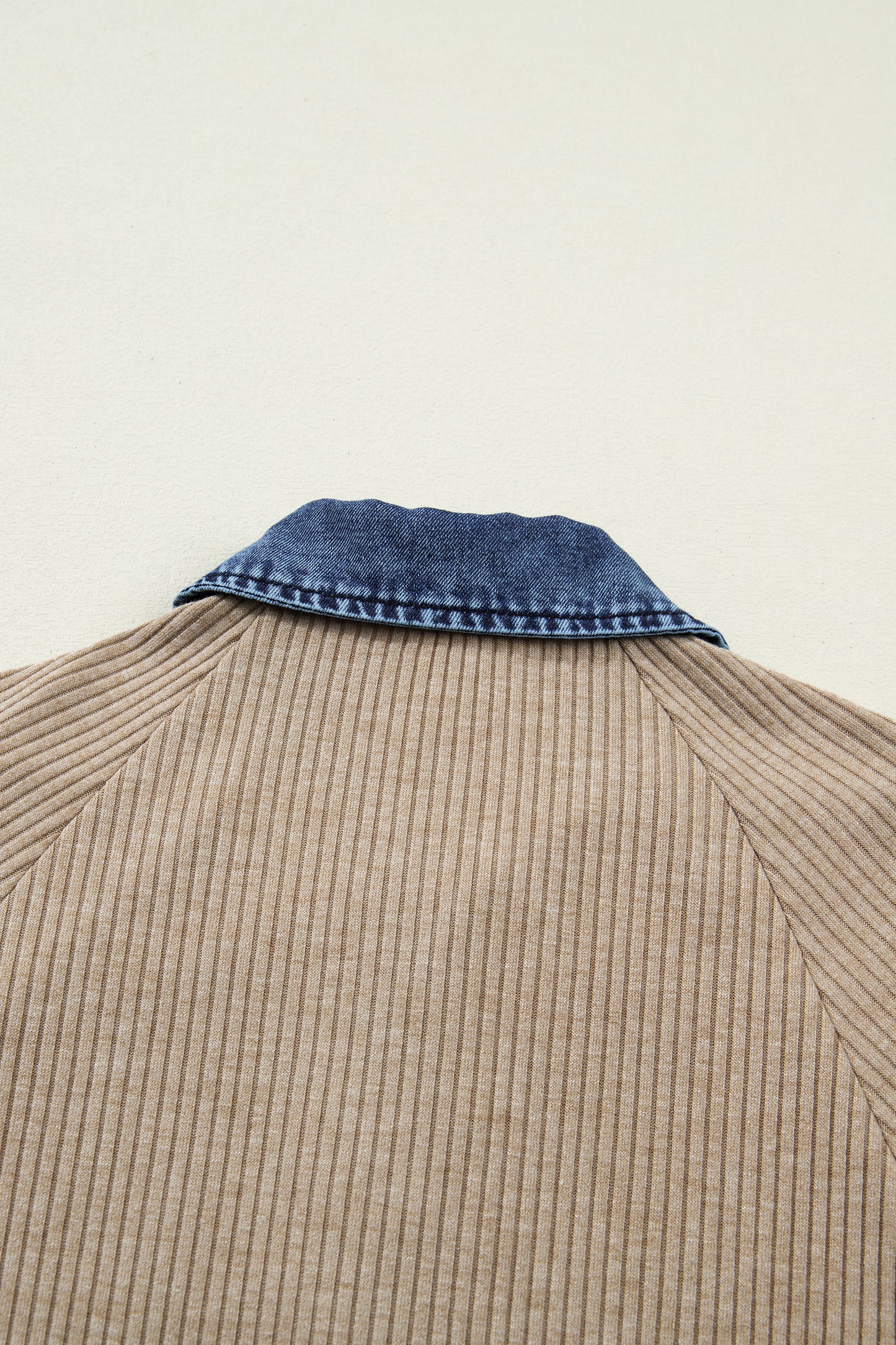 Beige Ribbed Knit Denim Patchwork Button Polo Collar Cuffed Long Sleeve Top-Tops/Long Sleeve Tops-[Adult]-[Female]-2022 Online Blue Zone Planet