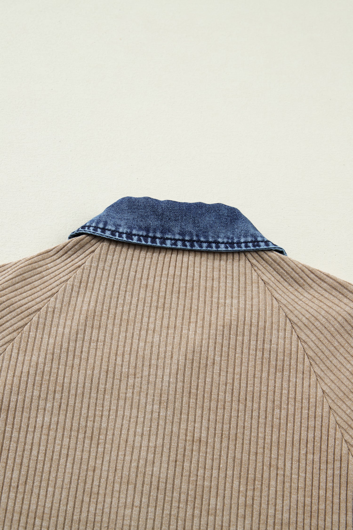 Beige Ribbed Knit Denim Patchwork Button Polo Collar Cuffed Long Sleeve Top-Tops/Long Sleeve Tops-[Adult]-[Female]-2022 Online Blue Zone Planet