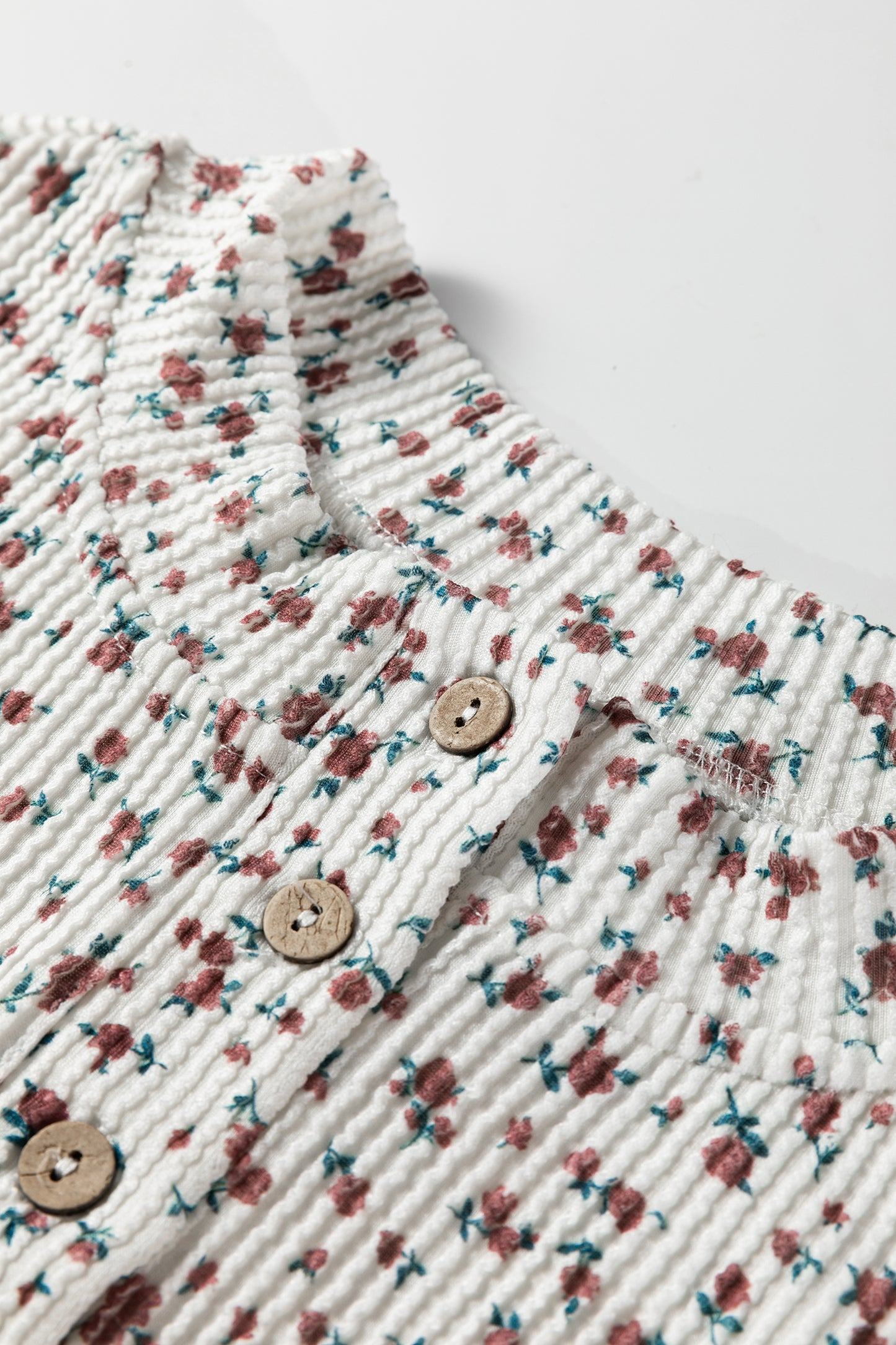 White Spiral Ribbed Floral Print Long Sleeve Henley Top Drawstring Short Set-Two Piece Sets/Short Sets-[Adult]-[Female]-2022 Online Blue Zone Planet