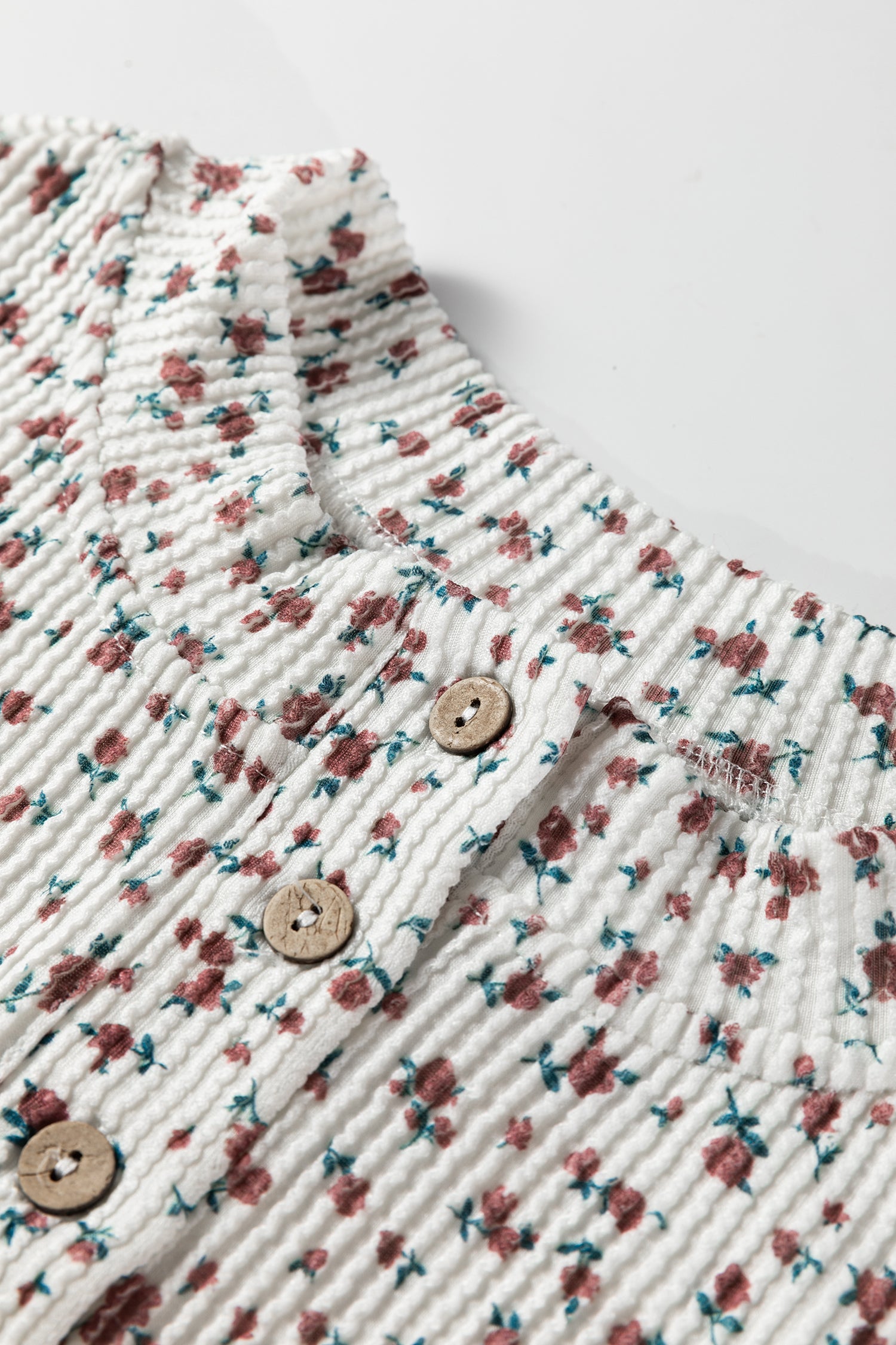 White Spiral Ribbed Floral Print Long Sleeve Henley Top Drawstring Short Set-Two Piece Sets/Short Sets-[Adult]-[Female]-2022 Online Blue Zone Planet