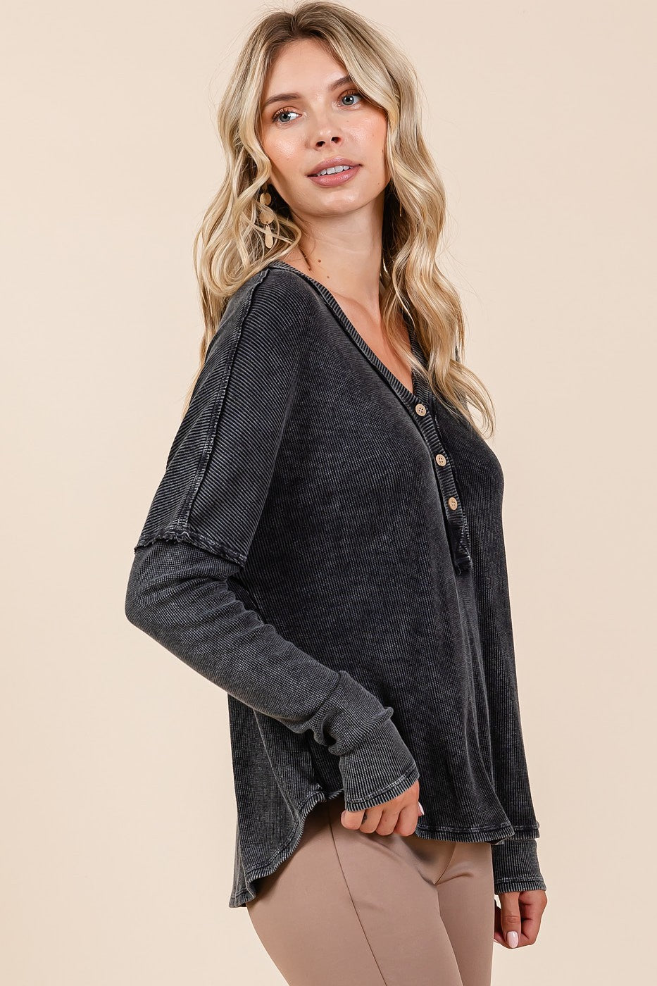 Blue Zone Planet | Mittoshop Washed V-Neck Long Sleeve Blouse-TOPS / DRESSES-[Adult]-[Female]-2022 Online Blue Zone Planet