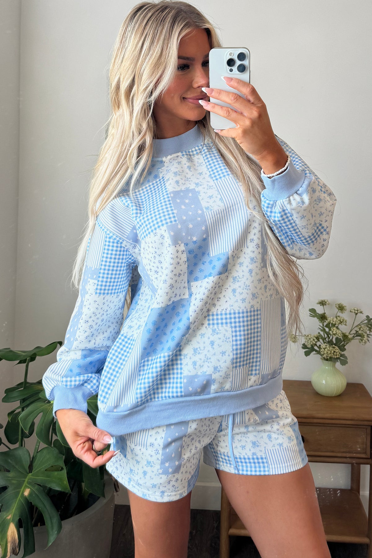 Sky Blue Patchwork Floral Print Drop Shoulder Baggy Pullover Drawstring Shorts Set-Two Piece Sets/Short Sets-[Adult]-[Female]-2022 Online Blue Zone Planet