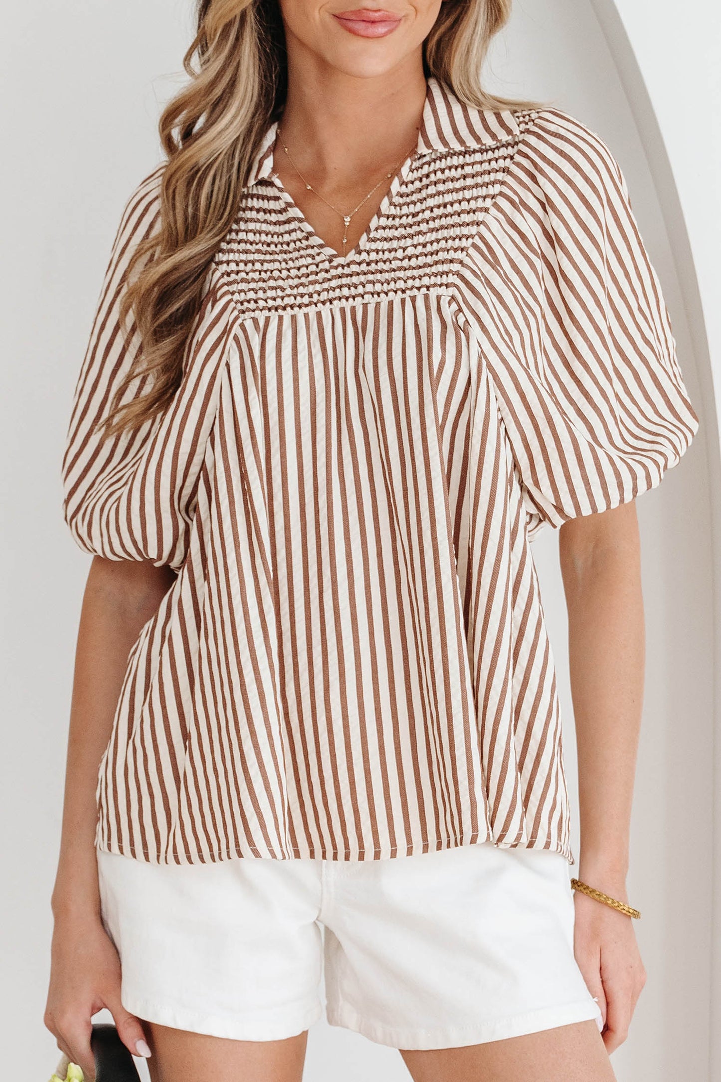 Brown Stripe Shirred V Neck Short Puff Sleeve Blouse-Tops/Blouses & Shirts-[Adult]-[Female]-2022 Online Blue Zone Planet
