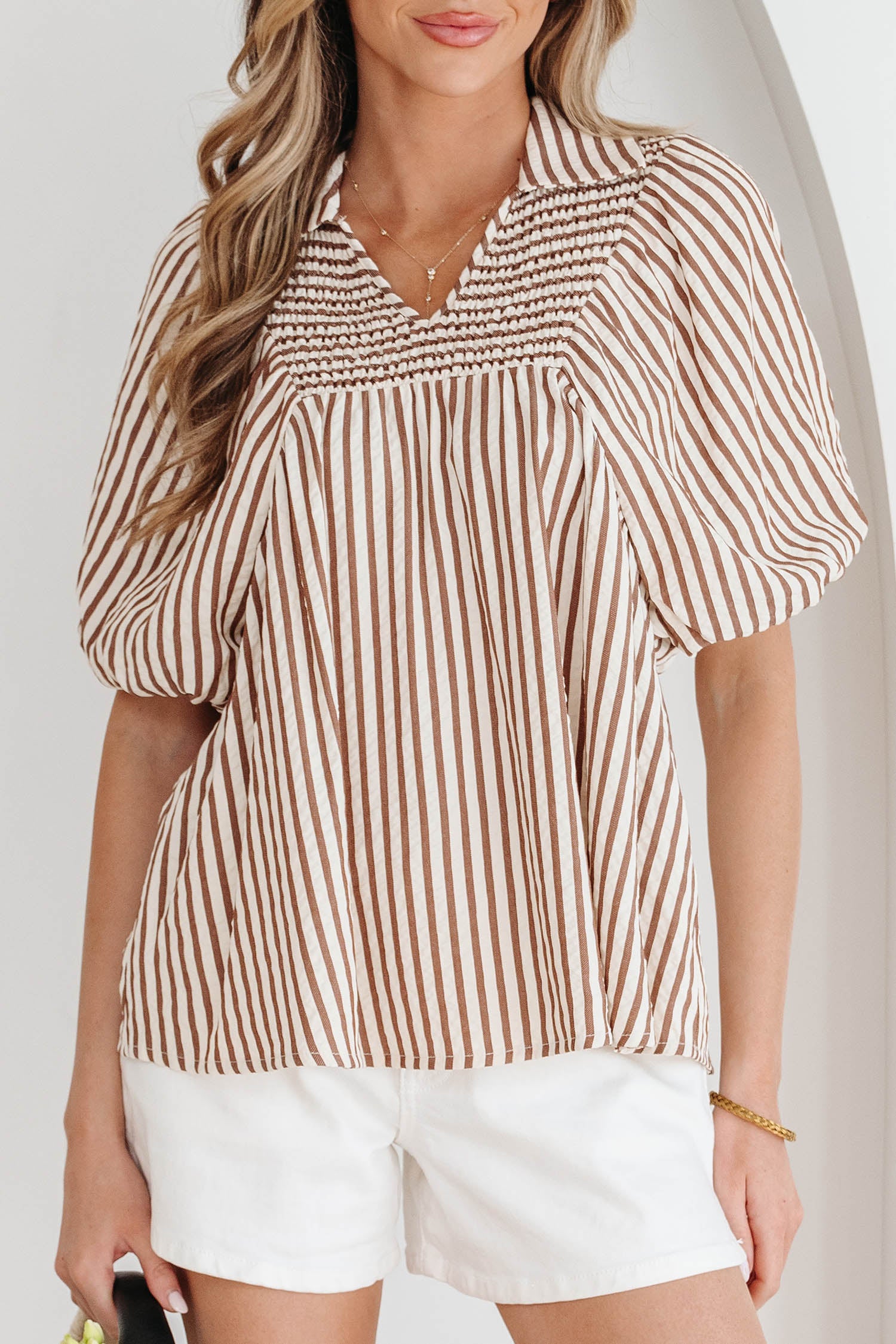 Brown Stripe Shirred V Neck Short Puff Sleeve Blouse-Tops/Blouses & Shirts-[Adult]-[Female]-2022 Online Blue Zone Planet
