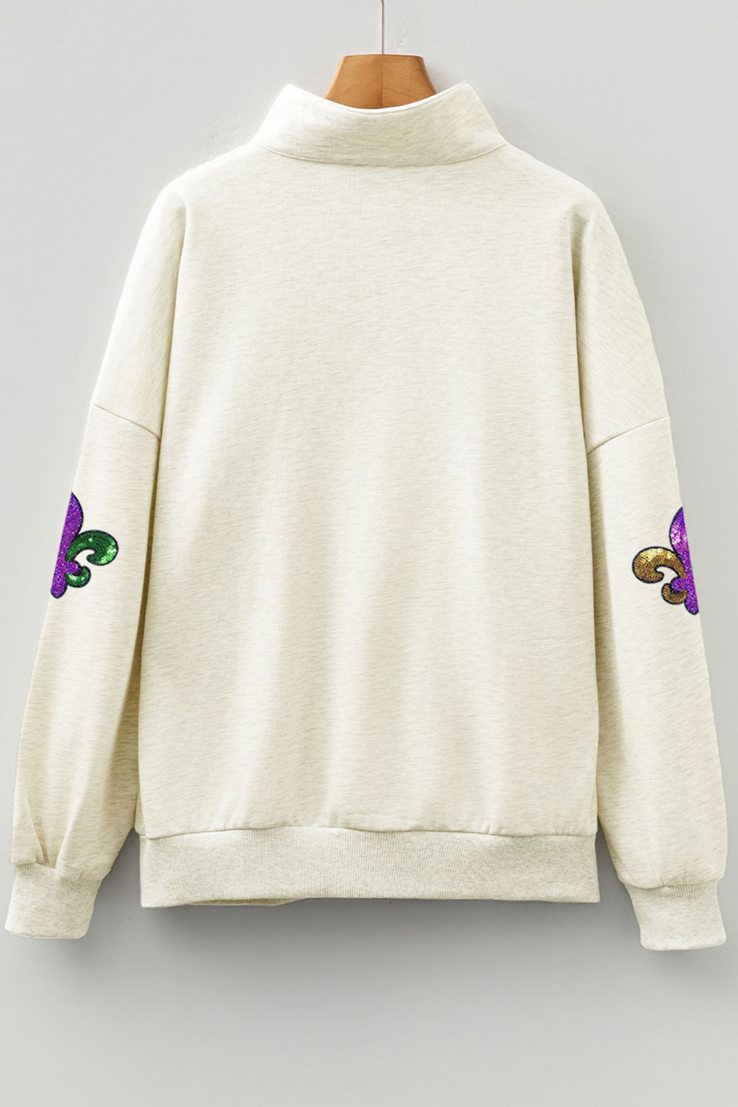 Light Grey Mardi Gras Sequined Pattern Contrast Zipped Collar Pullover Sweatshirt-Graphic Sweatshirts-[Adult]-[Female]-2022 Online Blue Zone Planet