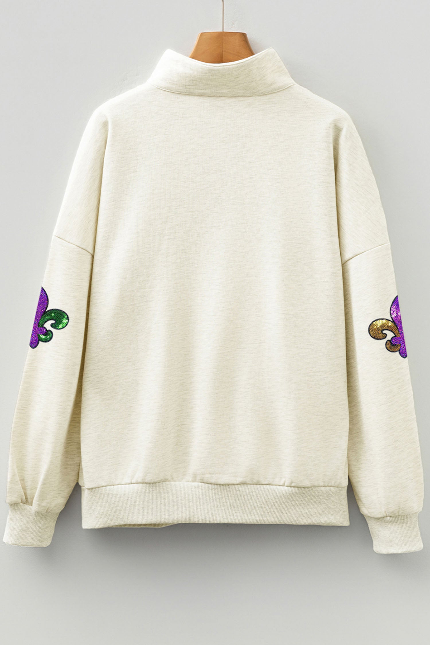 Light Grey Mardi Gras Sequined Pattern Contrast Zipped Collar Pullover Sweatshirt-Graphic Sweatshirts-[Adult]-[Female]-2022 Online Blue Zone Planet