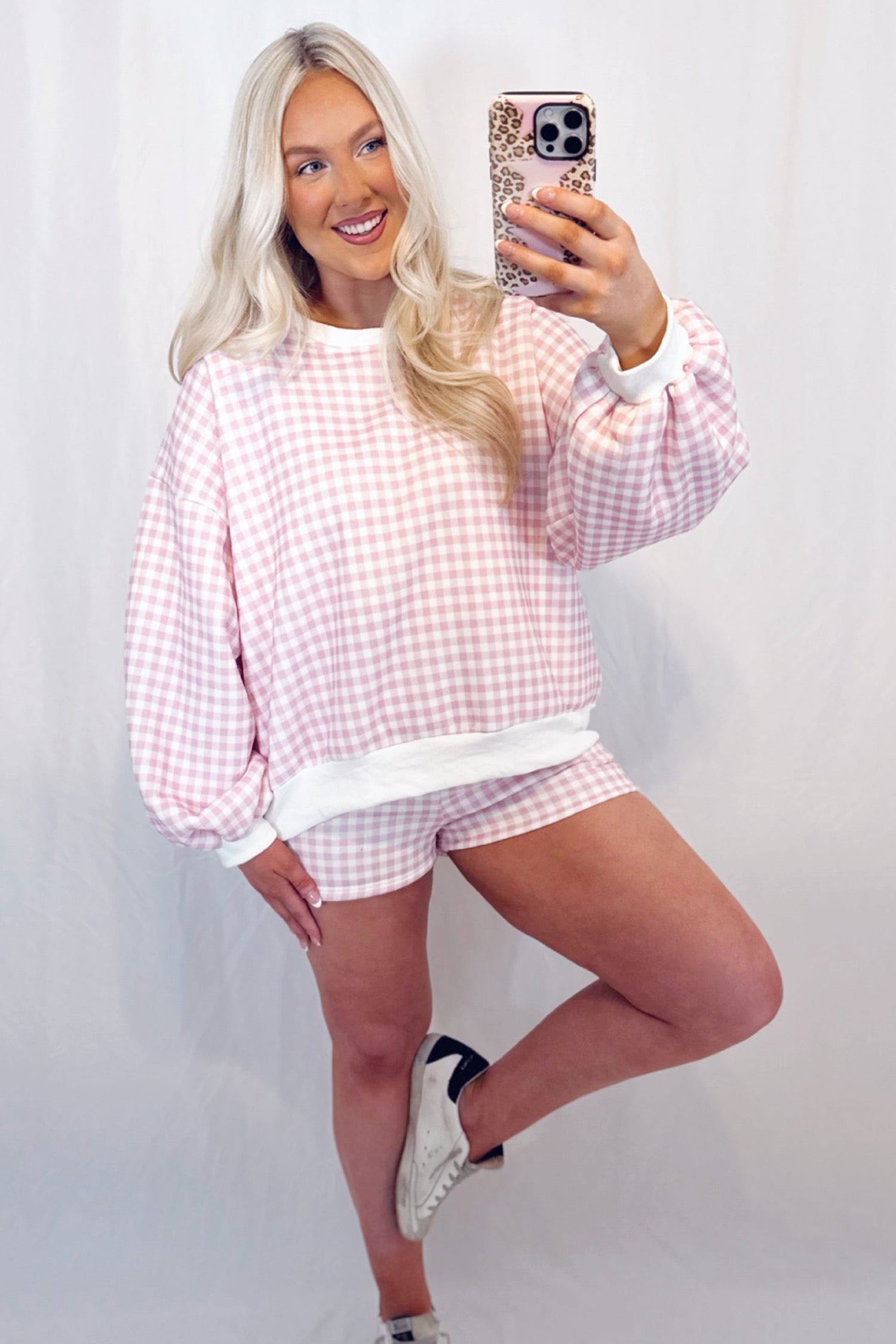 Pink Plaid Baggy Pullover Drawstring Casual Shorts 2pcs Outfit-Two Piece Sets/Short Sets-[Adult]-[Female]-2022 Online Blue Zone Planet
