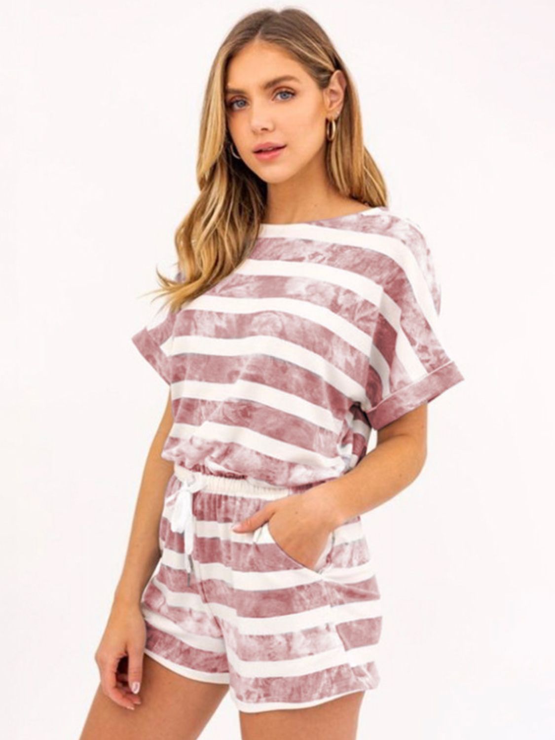 Blue Zone Planet | Striped Round Neck Top and Shorts Set-TOPS / DRESSES-[Adult]-[Female]-Brick-Red-S-2022 Online Blue Zone Planet