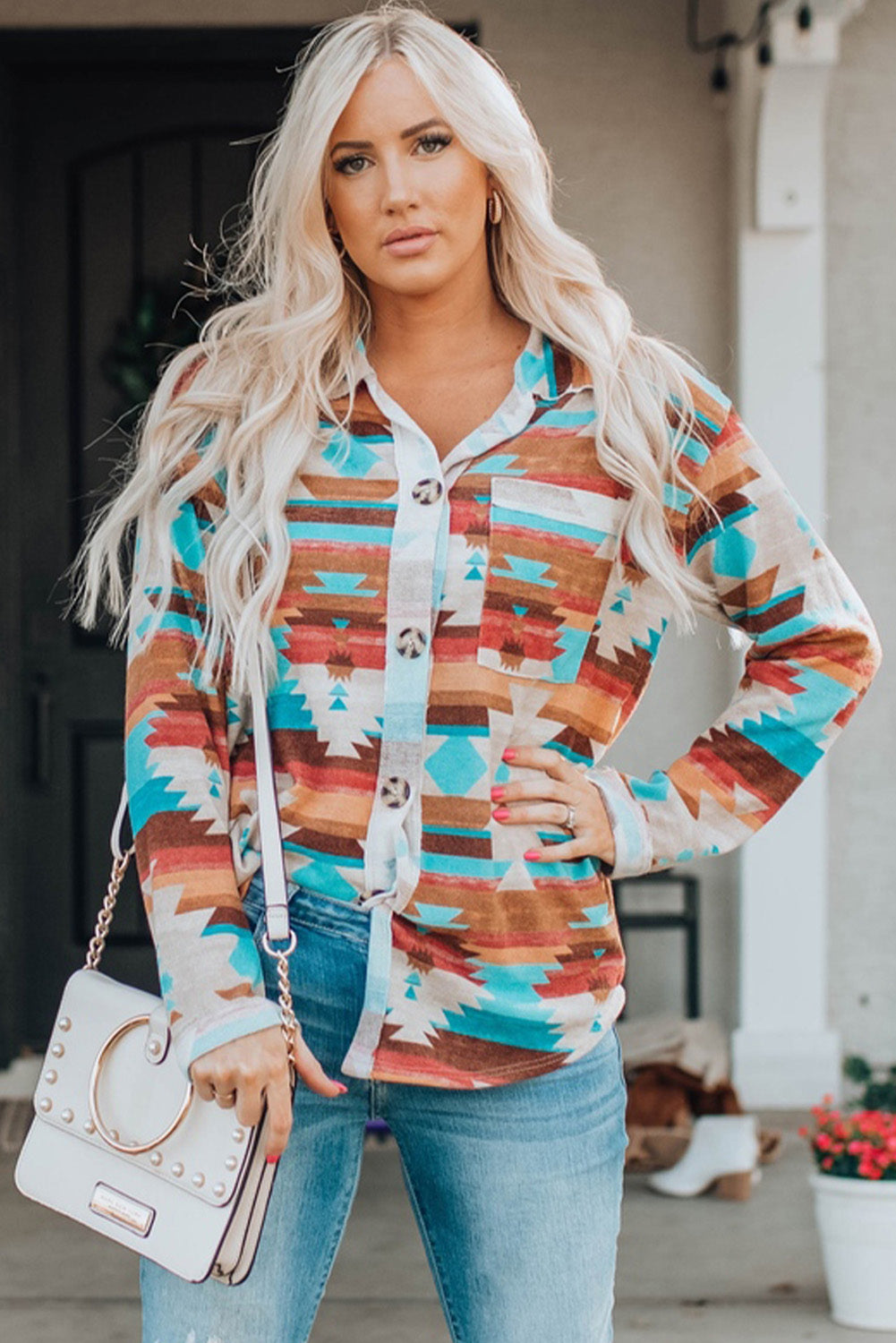 Multicolor Aztec Print Buttoned Pocket Chest Long Sleeve Shirt-Tops/Blouses & Shirts-[Adult]-[Female]-2022 Online Blue Zone Planet