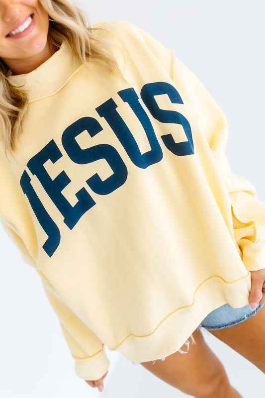 Yellow Jesus Slogan Stand Neck Long Sleeve Oversized Tunic Plus Size Sweatshirt-Plus Size/Plus Size Sweatshirts & Hoodies-[Adult]-[Female]-Yellow-1X-2022 Online Blue Zone Planet