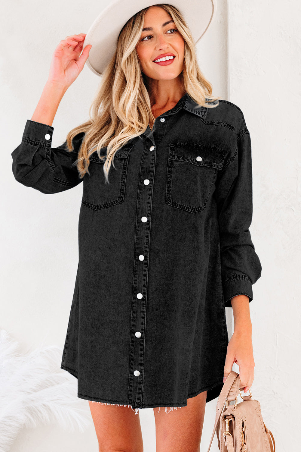 Medium Grey Beau Chest Pocket Raw Hem Denim Loose Shirt Dress-TOPS / DRESSES-[Adult]-[Female]-2022 Online Blue Zone Planet