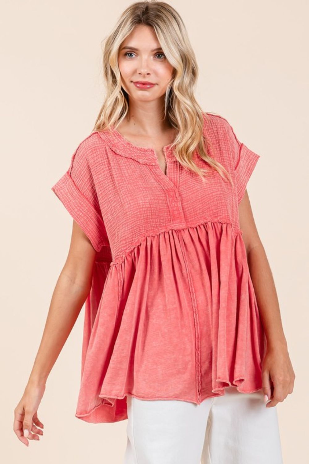 Mittoshop Mixed Media Mineral Wash Babydoll Short Sleeve Blouse-TOPS / DRESSES-[Adult]-[Female]-2022 Online Blue Zone Planet