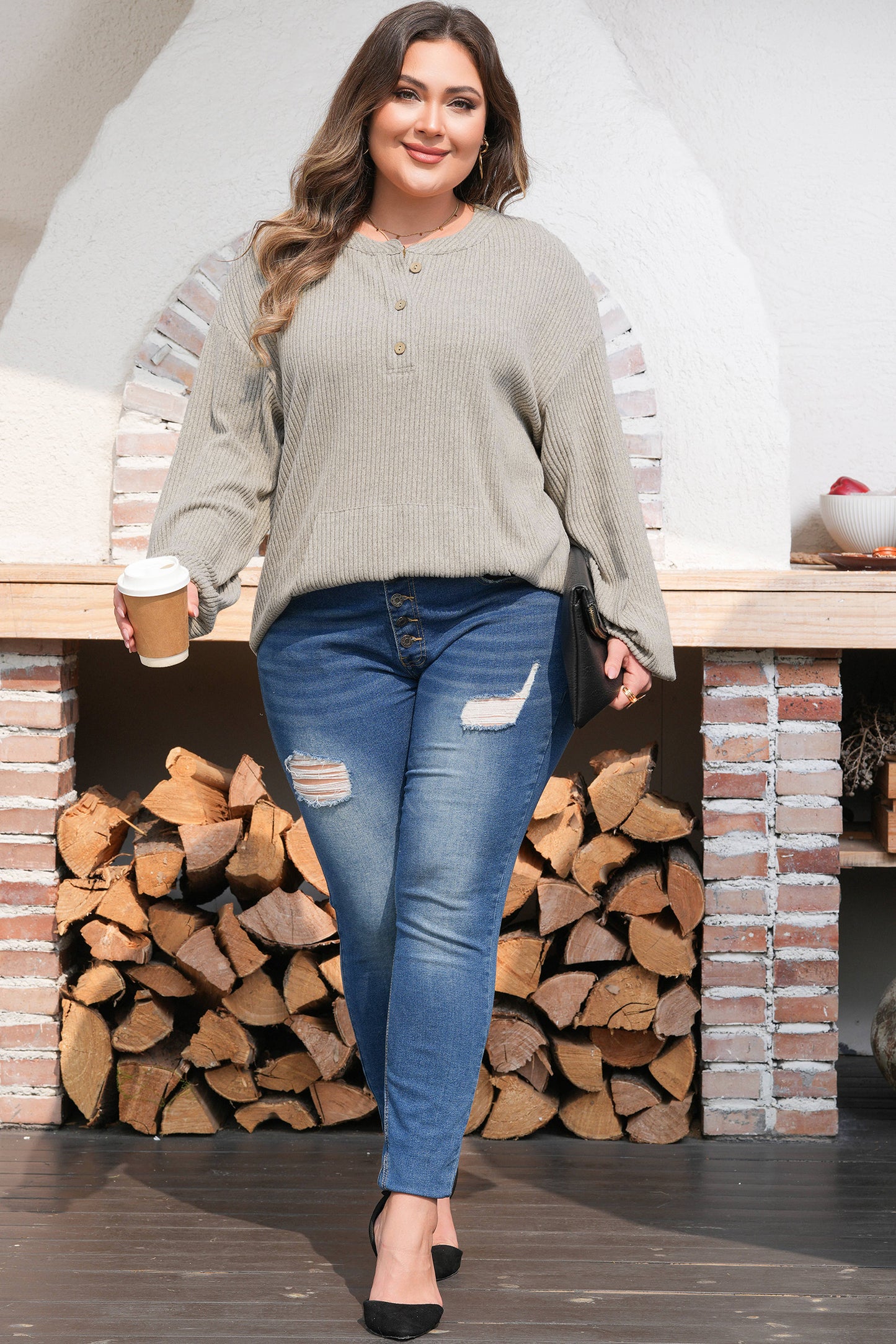 Simply Taupe Plus Size Ribbed Knit Kangaroo Pocket Henley Long Sleeve Top-Plus Size/Plus Size Tops/Plus Size Long Sleeve Tops-[Adult]-[Female]-2022 Online Blue Zone Planet