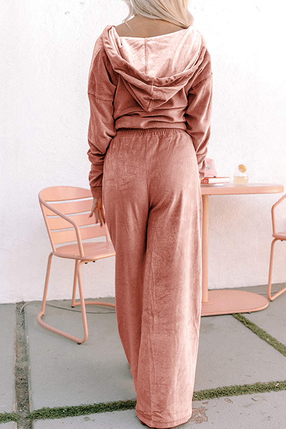 Peach Blossom Velvet Zip-up Hoodie and Wide Leg Pants Set-Two Piece Sets/Pant Sets-[Adult]-[Female]-2022 Online Blue Zone Planet