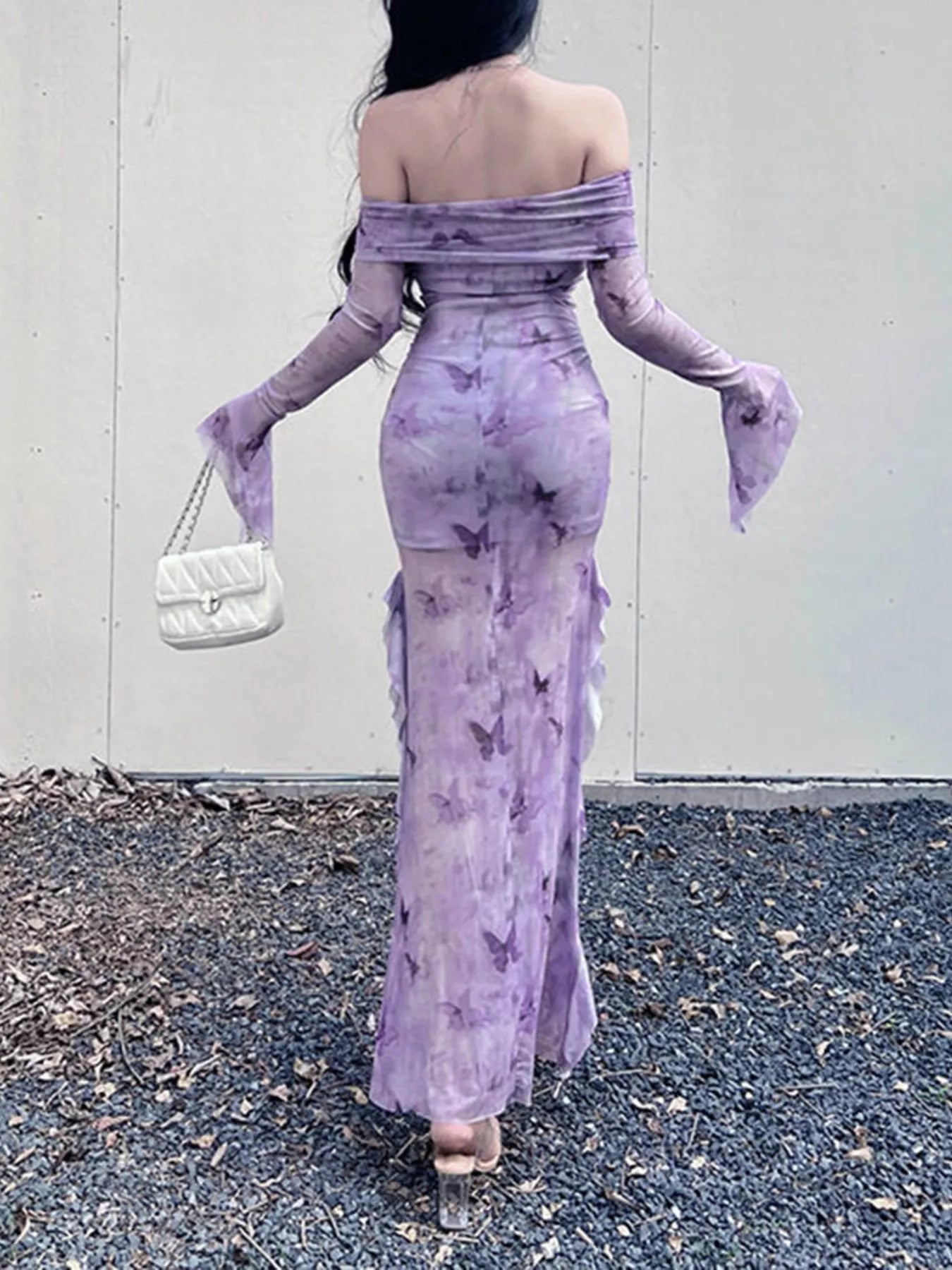 Butterfly Print Off-Shoulder Mesh Mermaid Dress Pink Purple / L by Blue Zone Planet Butterfly Print Off-Shoulder Mesh Mermaid Dress Pink Purple / L by Blue Zone Planet