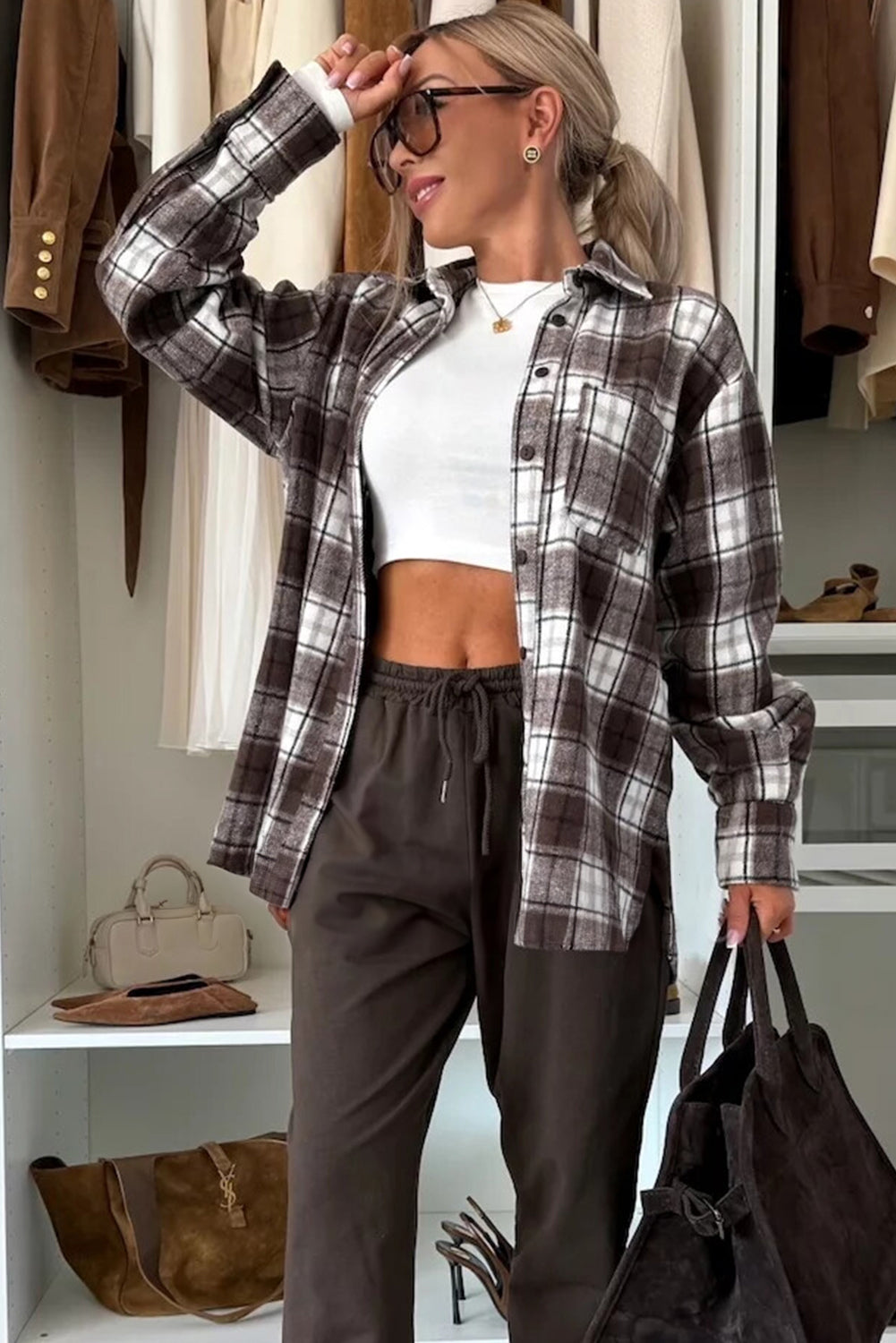 Dark Brown Flanel Plaid Single Chest Pocket Boyfriend Shacket-TOPS / DRESSES-[Adult]-[Female]-2022 Online Blue Zone Planet