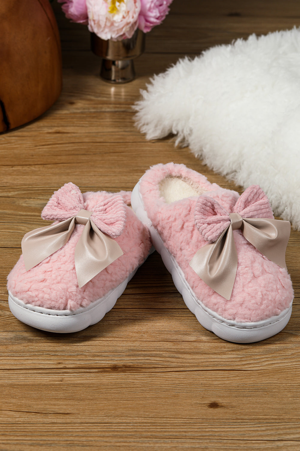 Blue Zone Planet | Pink Contrast Bowknot Applique Plush Winter Slippers-SHOES-[Adult]-[Female]-2022 Online Blue Zone Planet