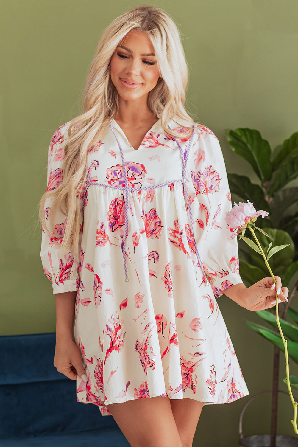 Blue Zone Planet | Pink Floral Print Balloon Sleeve V Neck Babydoll Mini Dress-TOPS / DRESSES-[Adult]-[Female]-2022 Online Blue Zone Planet