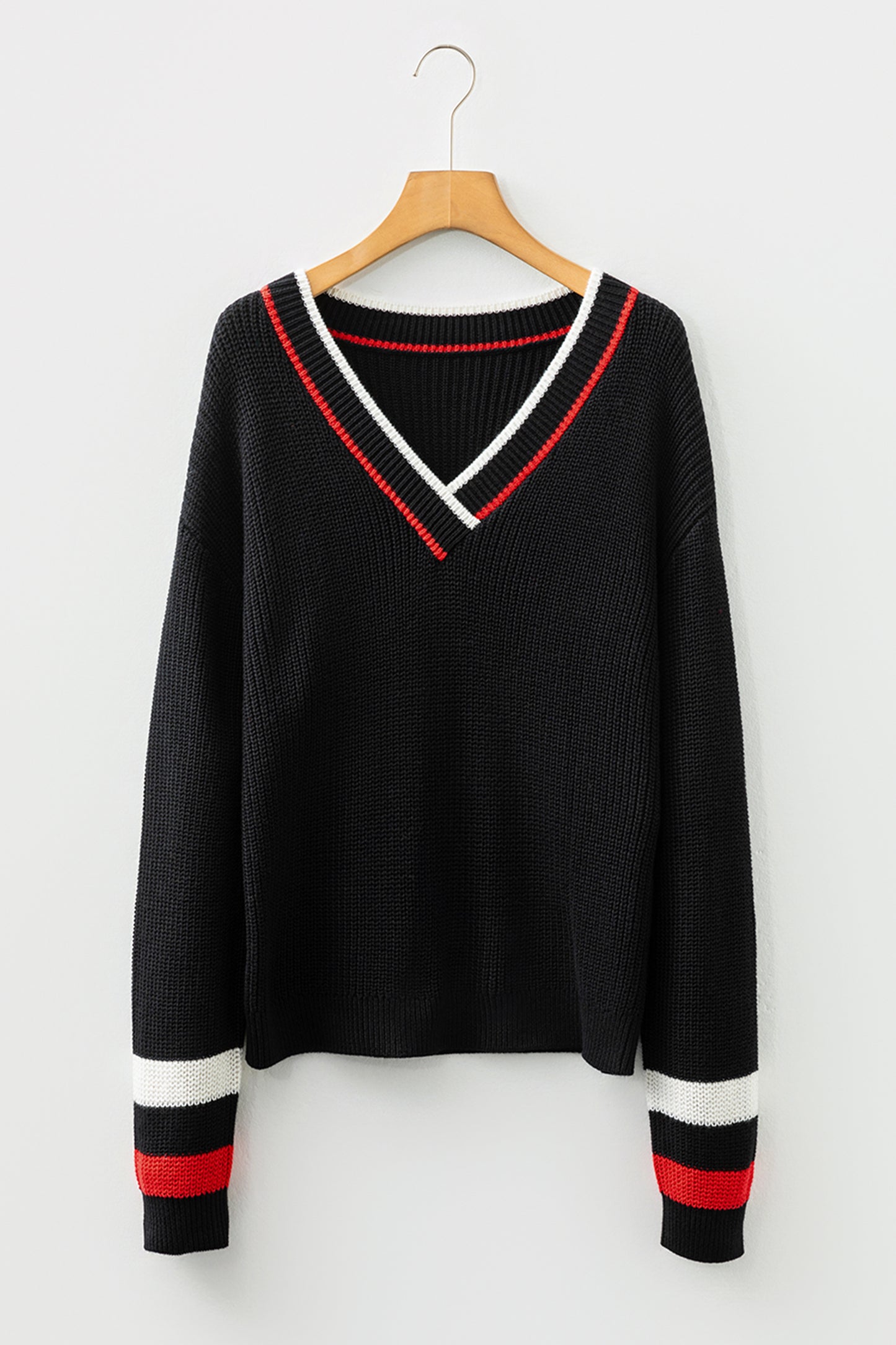 Black Contrast Striped Trim V Neck Drop Shoulder Sweater-TOPS / DRESSES-[Adult]-[Female]-2022 Online Blue Zone Planet