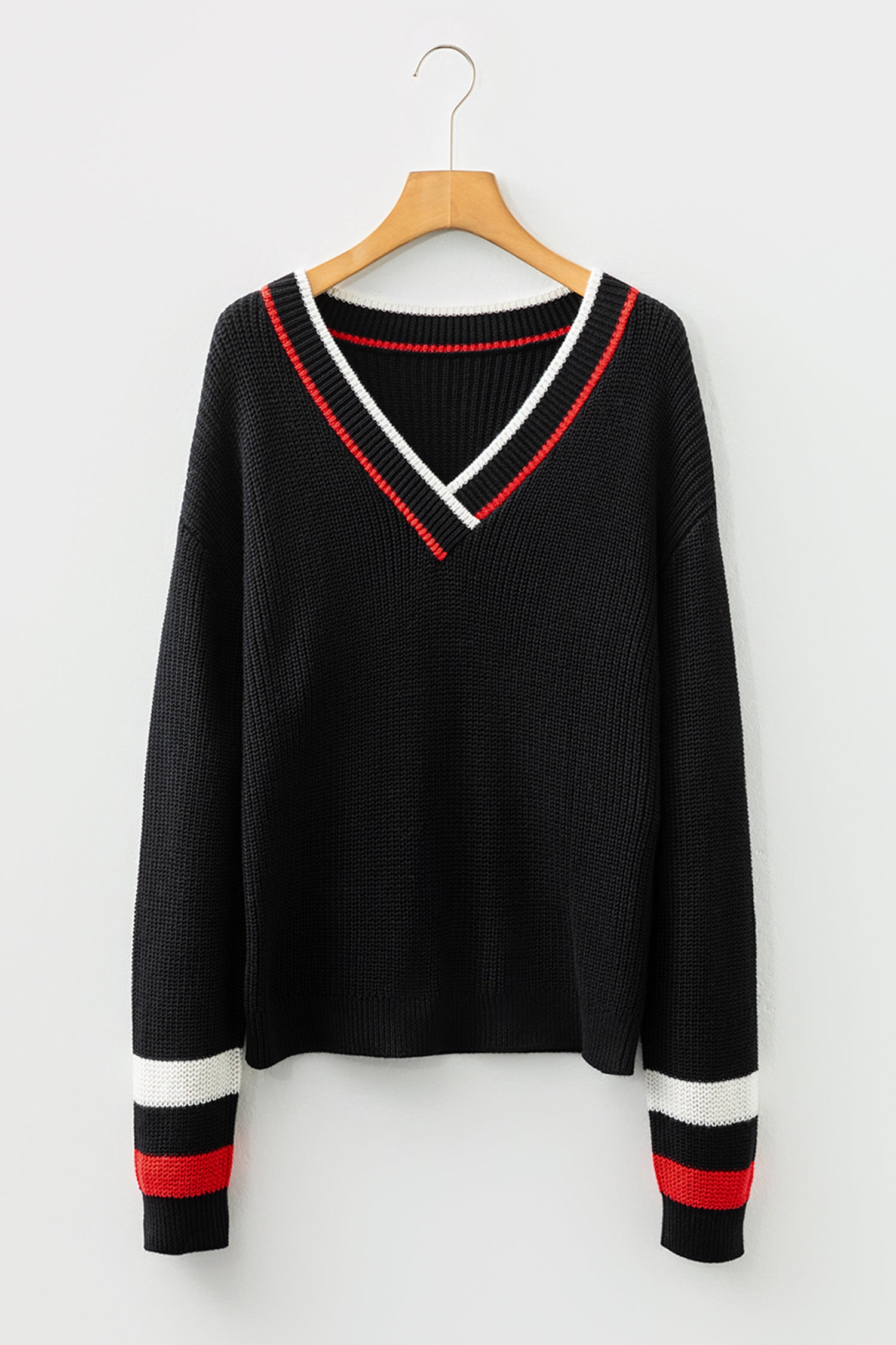 Black Contrast Striped Trim V Neck Drop Shoulder Sweater-TOPS / DRESSES-[Adult]-[Female]-2022 Online Blue Zone Planet