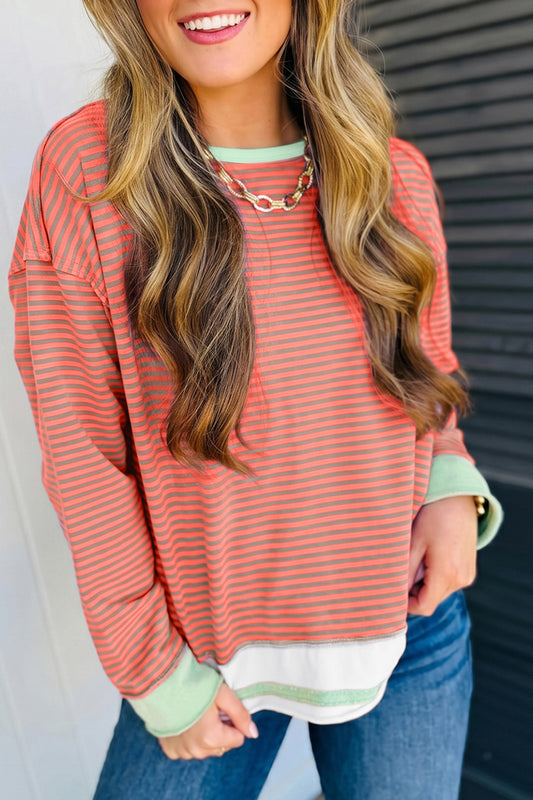 Orange Stripe Colorblock Detail Raw Seam Long Sleeve Top-Tops/Long Sleeve Tops-[Adult]-[Female]-Orange Stripe-S-2022 Online Blue Zone Planet