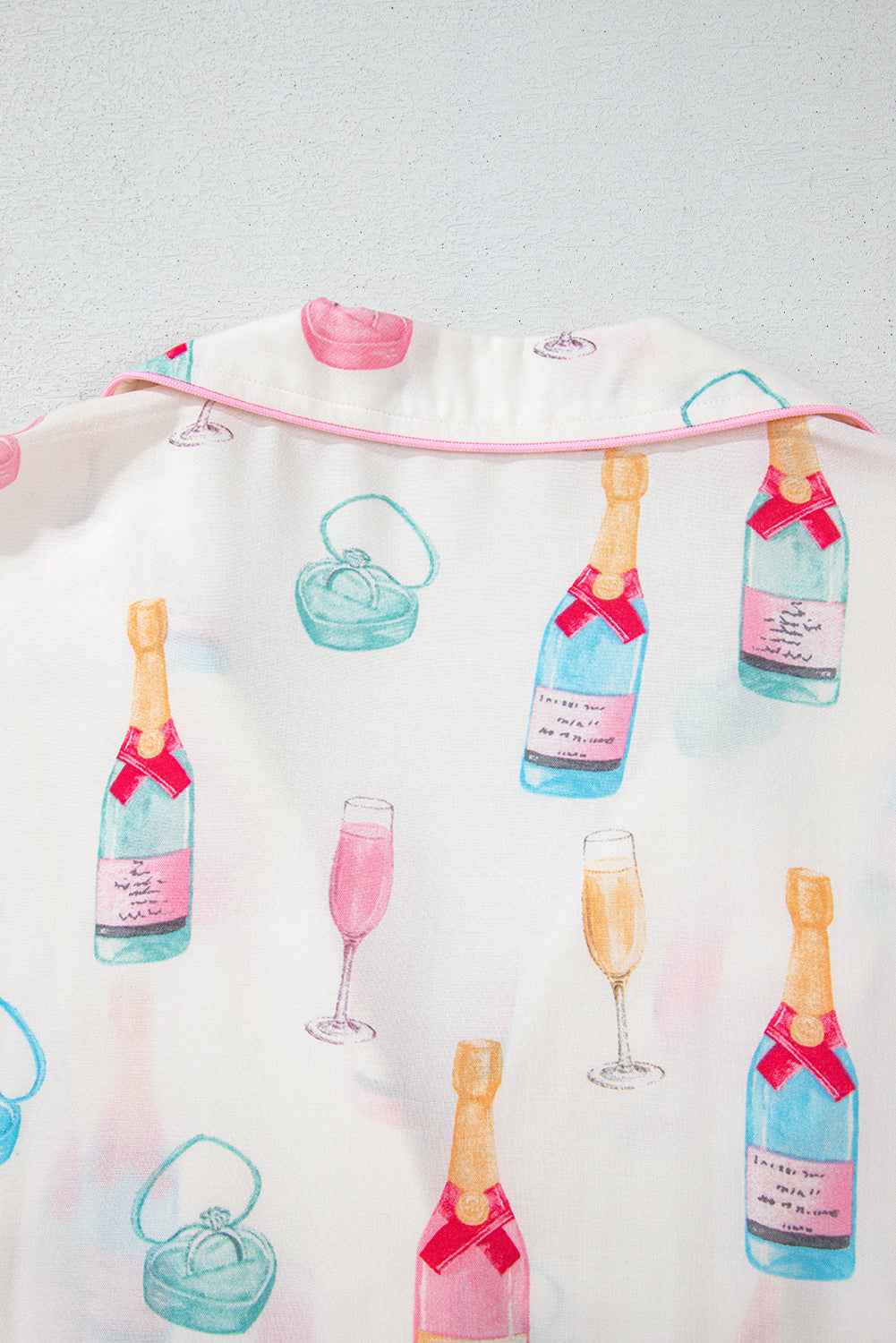 White Wine Glass Print Ribbon Bow Decor Plus Size Pajama Set-Plus Size Matching Sets-[Adult]-[Female]-2022 Online Blue Zone Planet