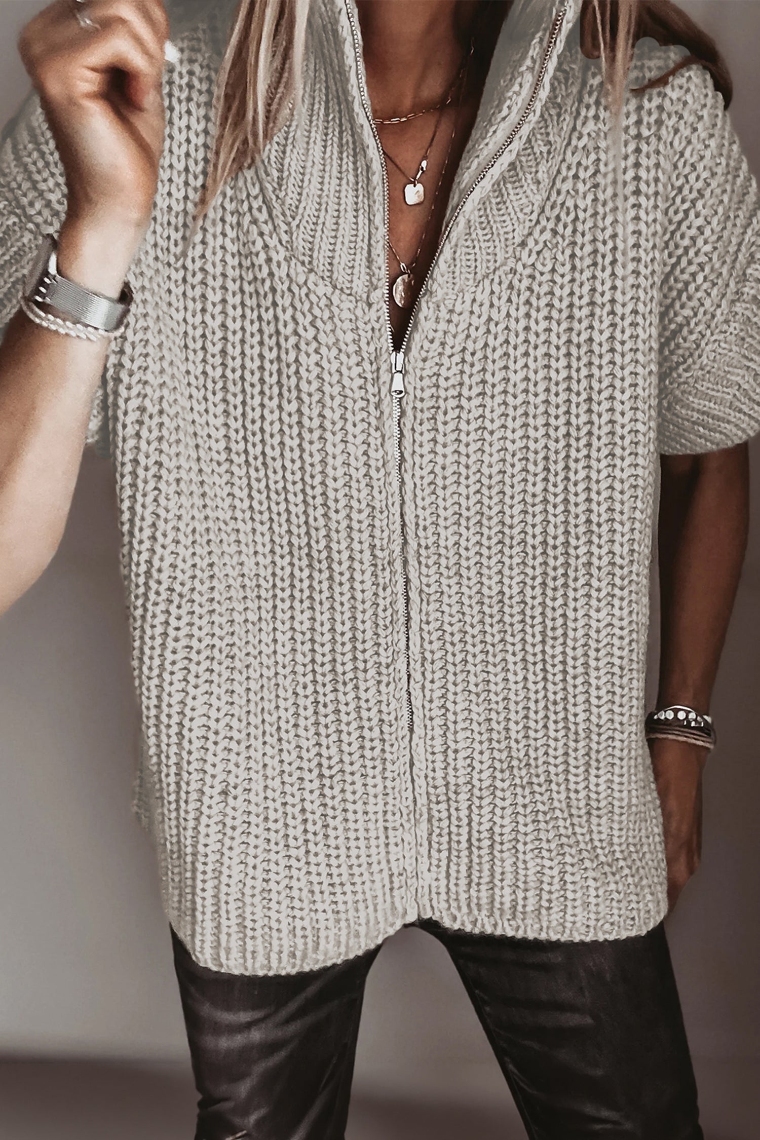 Jet Stream Solid Color Short Sleeve Zipper Knit High Neck Sweater-Sweaters & Cardigans/Short Sleeve Sweaters-[Adult]-[Female]-2022 Online Blue Zone Planet