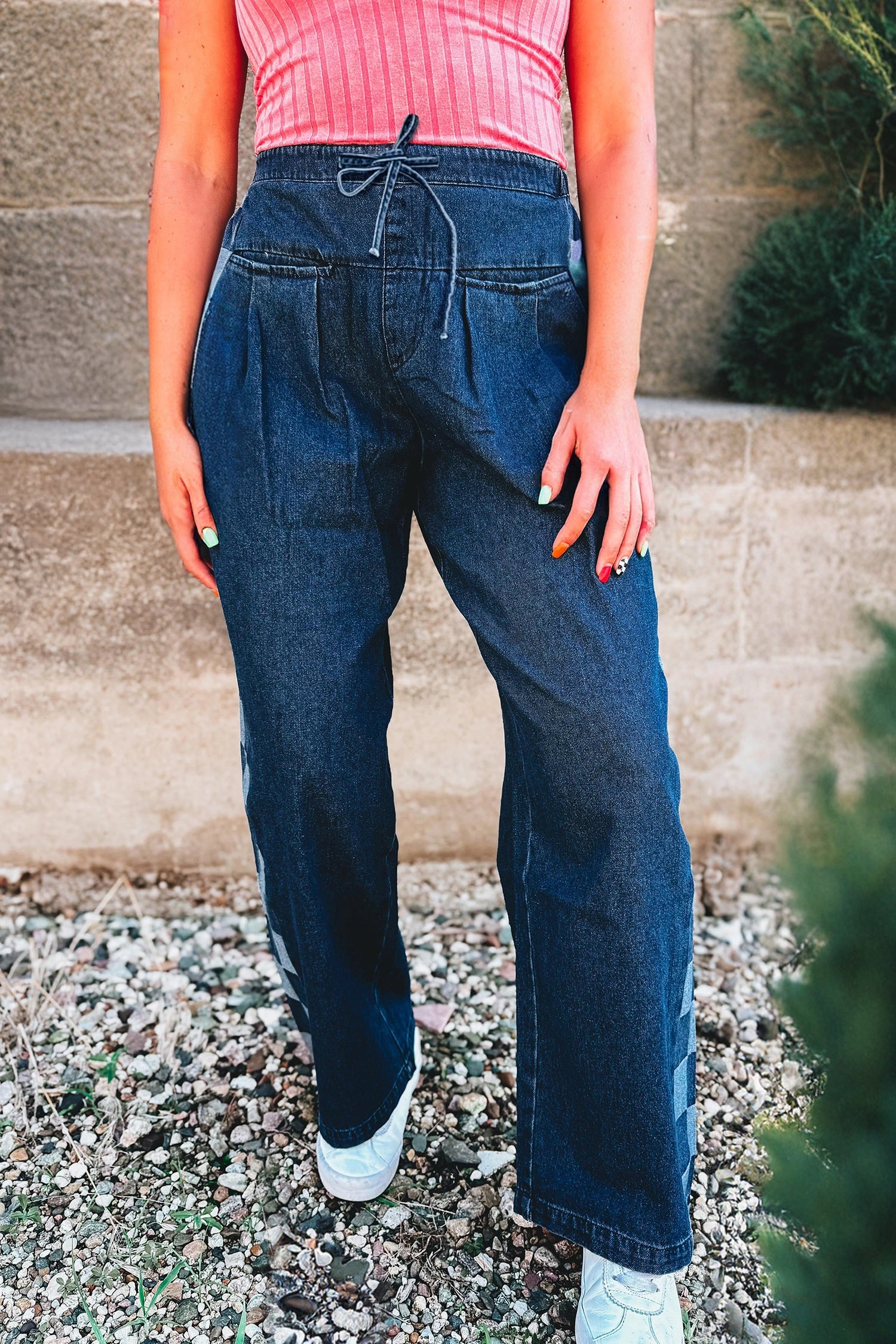 Sail Blue Checkered Side Panel Patchwork Drawstring Loose Denim Pants-Bottoms/Jeans-[Adult]-[Female]-2022 Online Blue Zone Planet