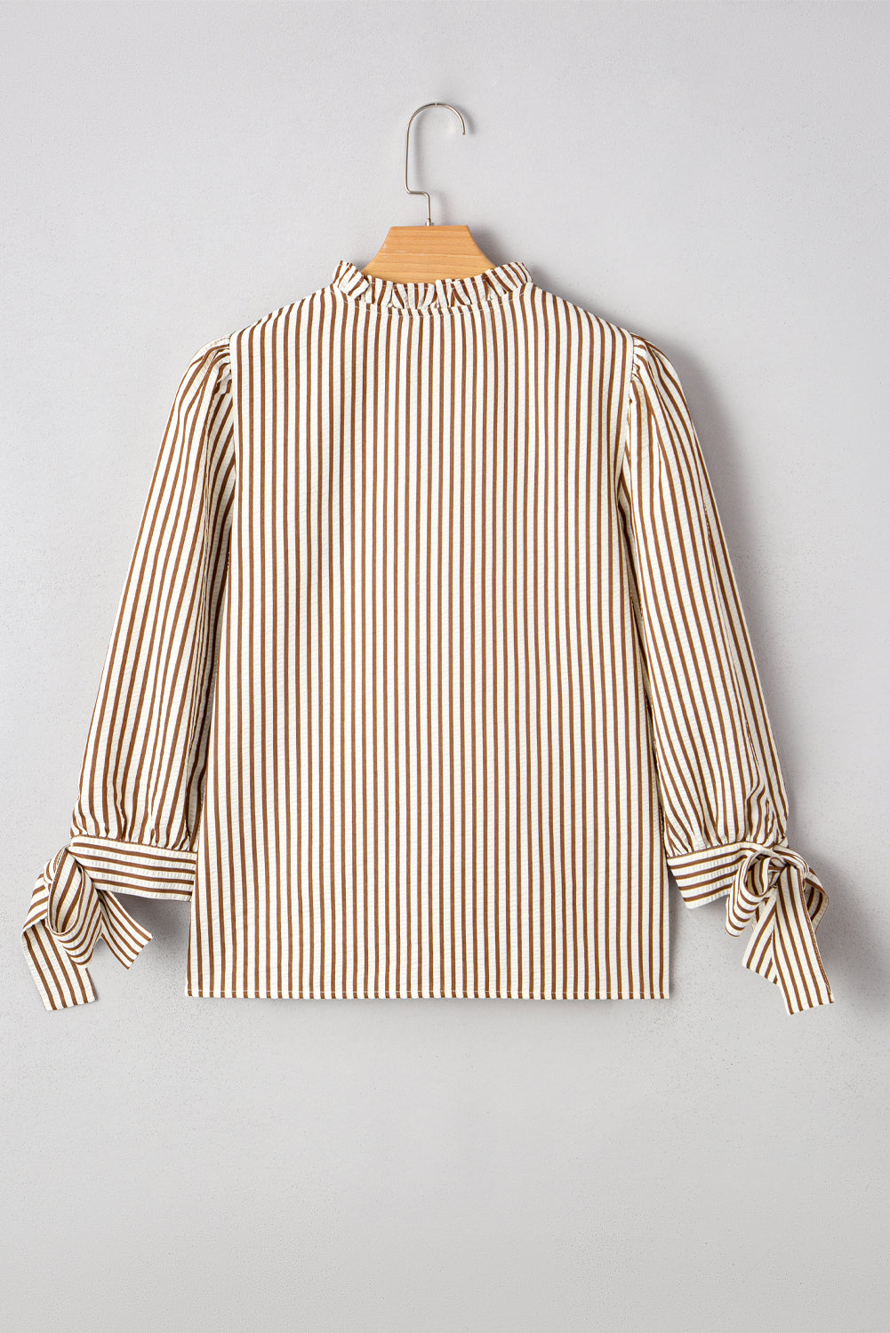 Straw Yellow Striped Print Tied Cuffs Split Neck Seersucker Blouse-Tops/Blouses & Shirts-[Adult]-[Female]-2022 Online Blue Zone Planet