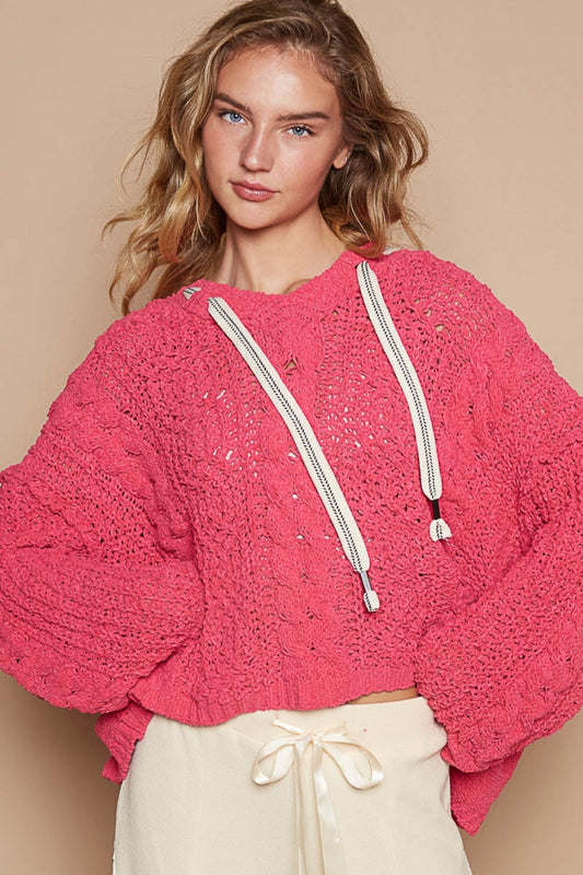 POL Cable Knit Hooded Chenille Sweater-TOPS / DRESSES-[Adult]-[Female]-Fuchsia-S-2022 Online Blue Zone Planet