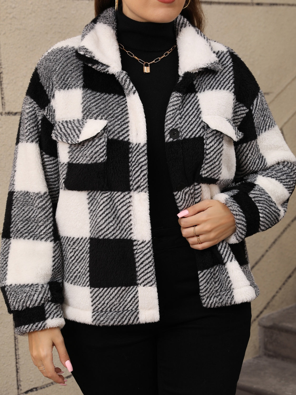 Plus Size Pocketed Plaid Collared Neck Jacket-TOPS / DRESSES-[Adult]-[Female]-Black-0XL-2022 Online Blue Zone Planet