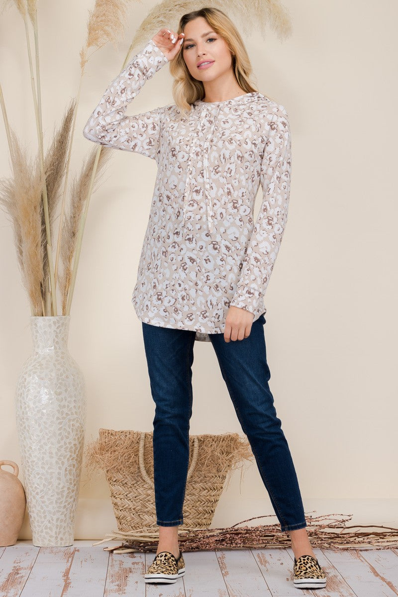 Celeste Full Size Drawstring Leopard Long Sleeve Hooded Blouse-TOPS / DRESSES-[Adult]-[Female]-2022 Online Blue Zone Planet