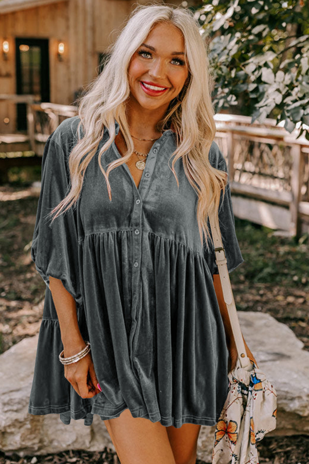 Dark Grey 3/4 Sleeve Tunic Babydoll Velvet Shirt-Tops/Blouses & Shirts-[Adult]-[Female]-2022 Online Blue Zone Planet
